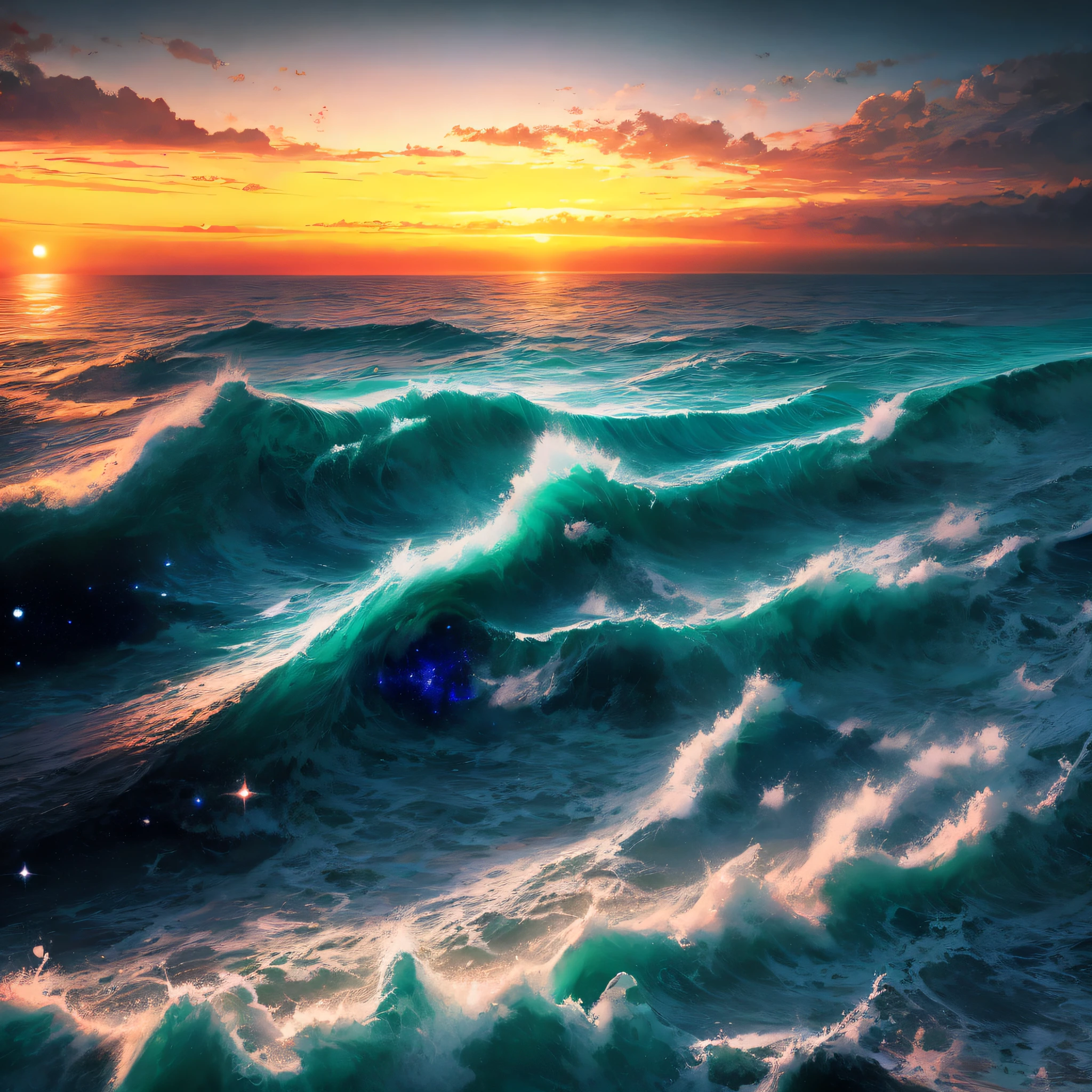 There is a beautiful sunset over the ocean, fantasy ocean landscape, chaotic marine environment, magical ocean, sunny rainbow galaxy stormy sea, steam wave surreal ocean, ocean waves, beautiful ocean, beautiful waves, ocean waves, waves of energy, azure water waves, turbulent sea of apocalypse, soaring waves, vapor wave ocean, like a starry sky