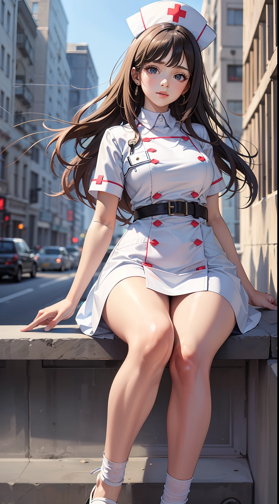 olfn,(masterpiece,best quality,ultra detailed),
1girl,perfect pretty face,dynamic pose,nurse dress,white dress, short skirt,detailed background,