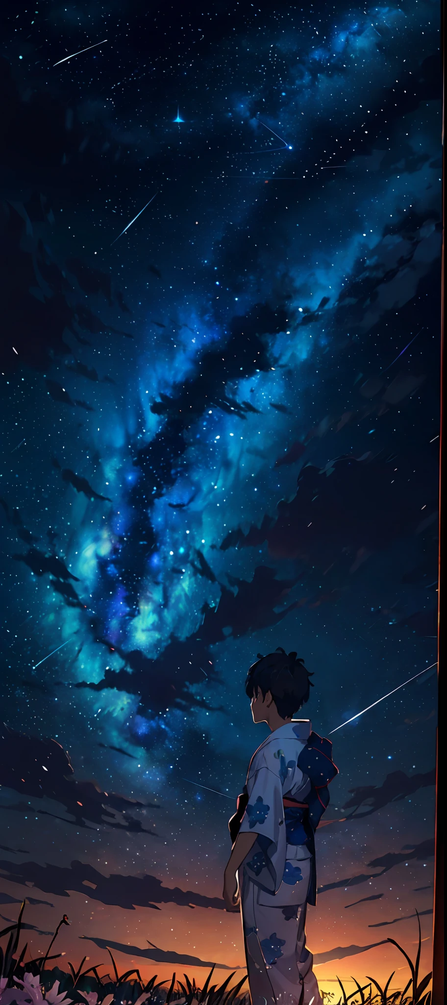 One, distant boy in kimono staring at the stars (reduced: 1.1), (meteor shower: 1.2), (comet: 1.1), your name, low angle, from the front, arrow labrealis shooting star, yukata, gray kimono, cherry blossoms, highest quality standing in the field, masterpiece, clouds, colorful, starry sky, stars,