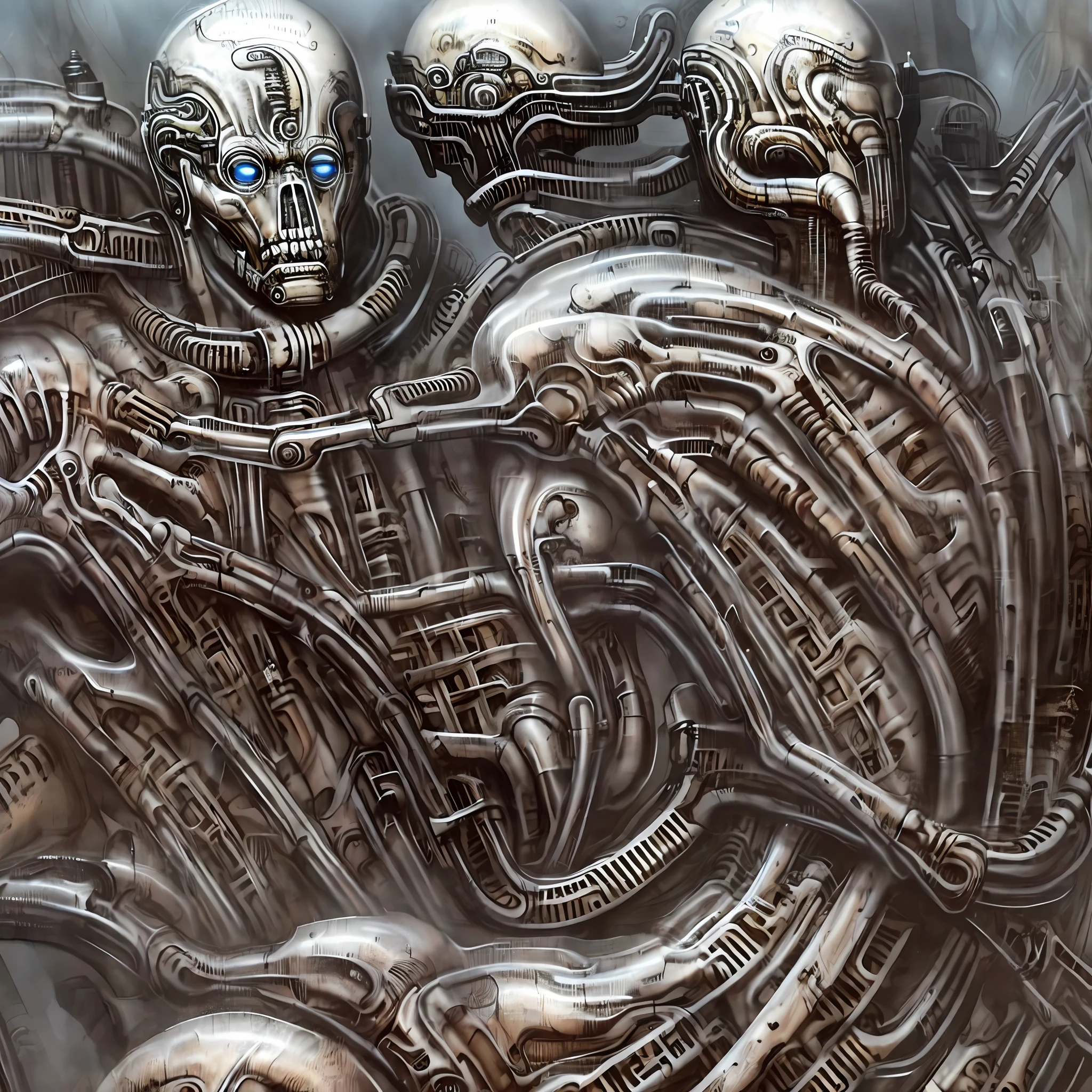 low angle wide shot of the standalone anatomical correct (muscular bald greek male:1.3) in classic heroic pose, deathly white skin, biomechanical, post apocalyptic background, 4k hdr ultra sharp, artistic artstation, extra deep perspective, deep depth of field, fog on the background, muted pale colors, (hrgiger style:1.2)