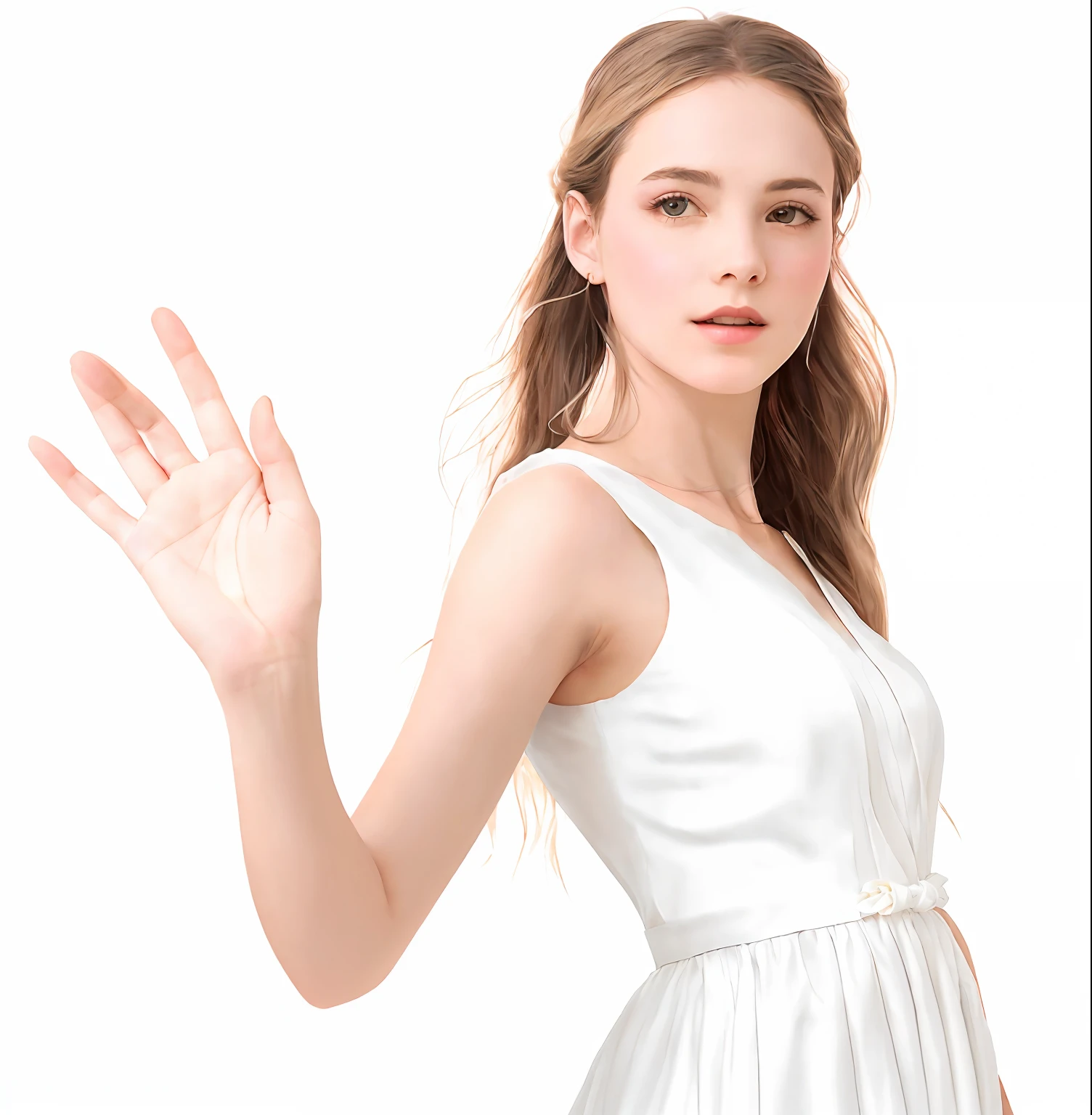 arafed woman in a white dress waving her hand, haunting beautiful young woman, a stunning young ethereal figure, girl in white dress dancing, young beautiful woman, a beautiful woman in white, portrait of magical young girl, nico wearing a white dress, wearing a white flowing dress, surreal beautiful young woman, wearing along white dress, wearing white dress