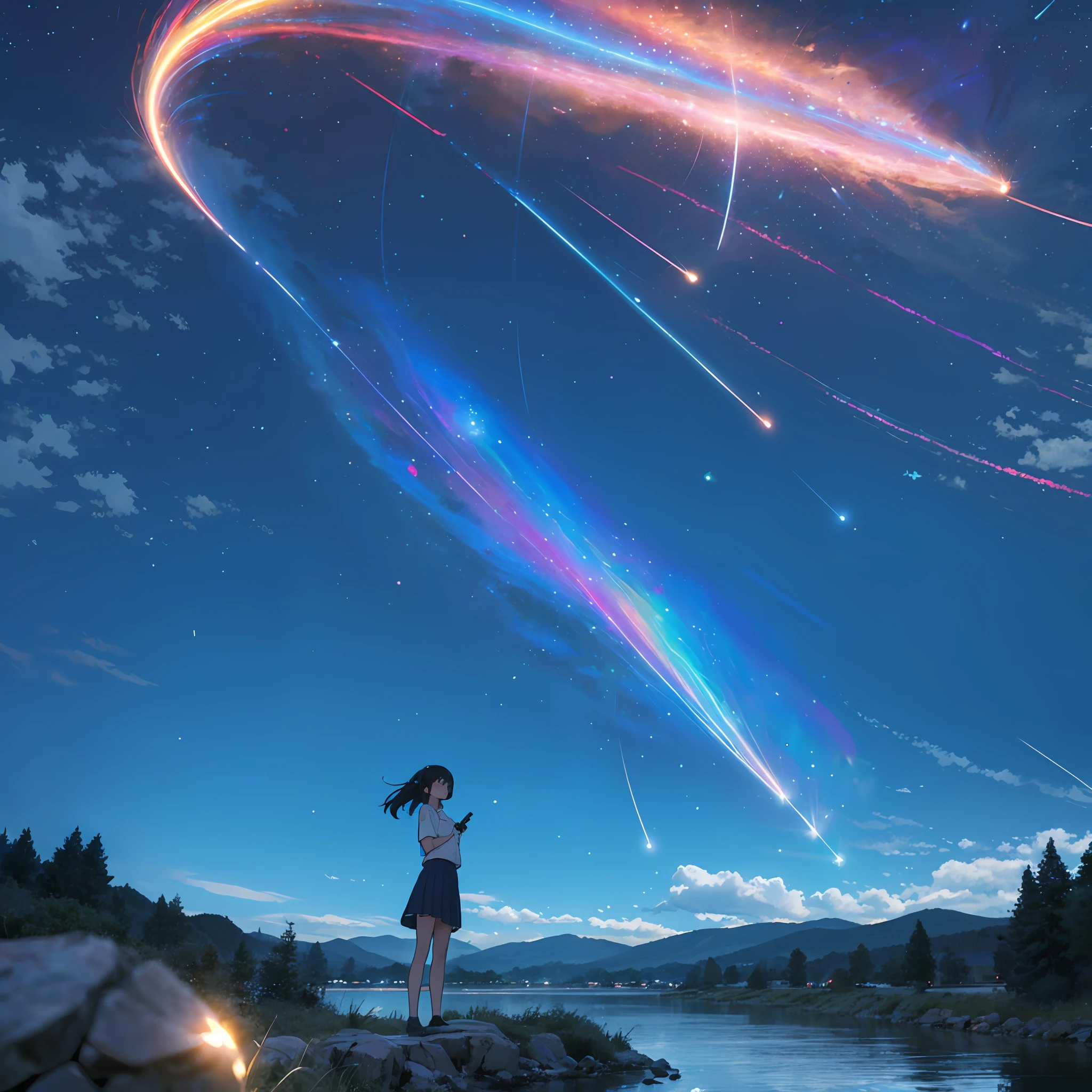 Deep blue sky in the dark night, shooting stars streaked by, stars in the distance were deep and confused, a beautiful and cute girl in a light-colored short skirt stood next to the river, the river was psychedelic blue --auto