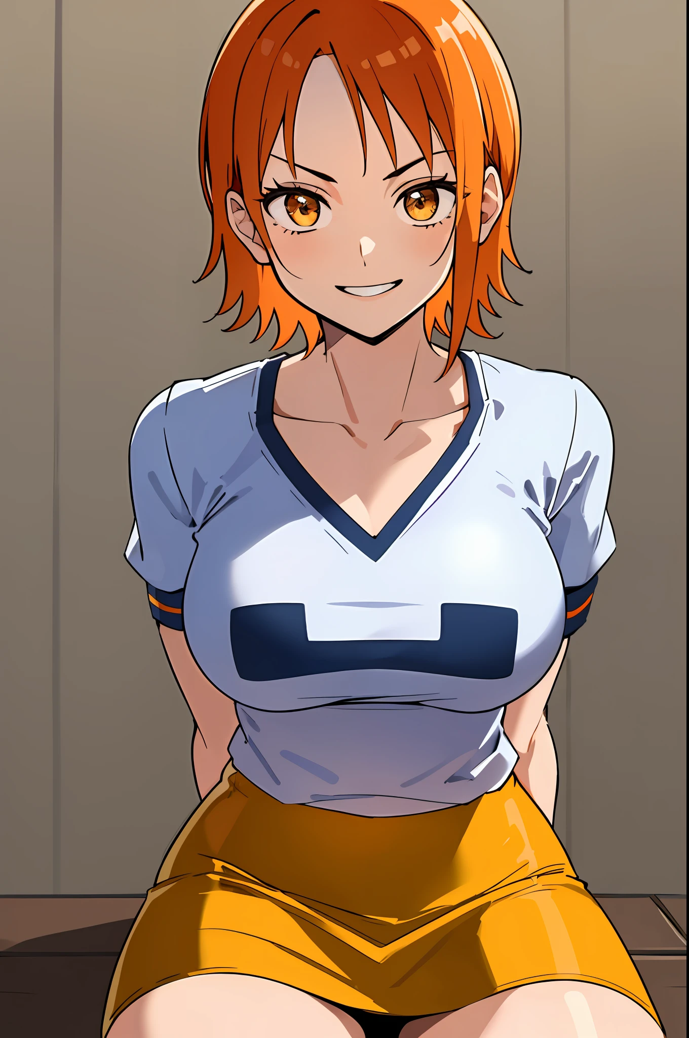 Nsfw, (Masterpiece:1.4), (best quality:1.4), ultra highres,1girl,solo,extremely detailed,8k, beautiful, detailed eyes, looking at viewer, strong dark colors, (depth of field), (dynamic), (epic), sharp focus, (intricate details:1.2), Full color, nami \(one piece\),(one piece),(strong pose:1.4),short hair, arm support, asymmetrical bangs, bangs, blue shirt, white shirt, yellow skirt, collarbone, day, hair behind ear, , nsfw, large breasts, looking at viewer, miniskirt, toothy smile, orange eyes, orange hair, shirt, short sleeves, ((sitting)), skirt, two-tone shirt,