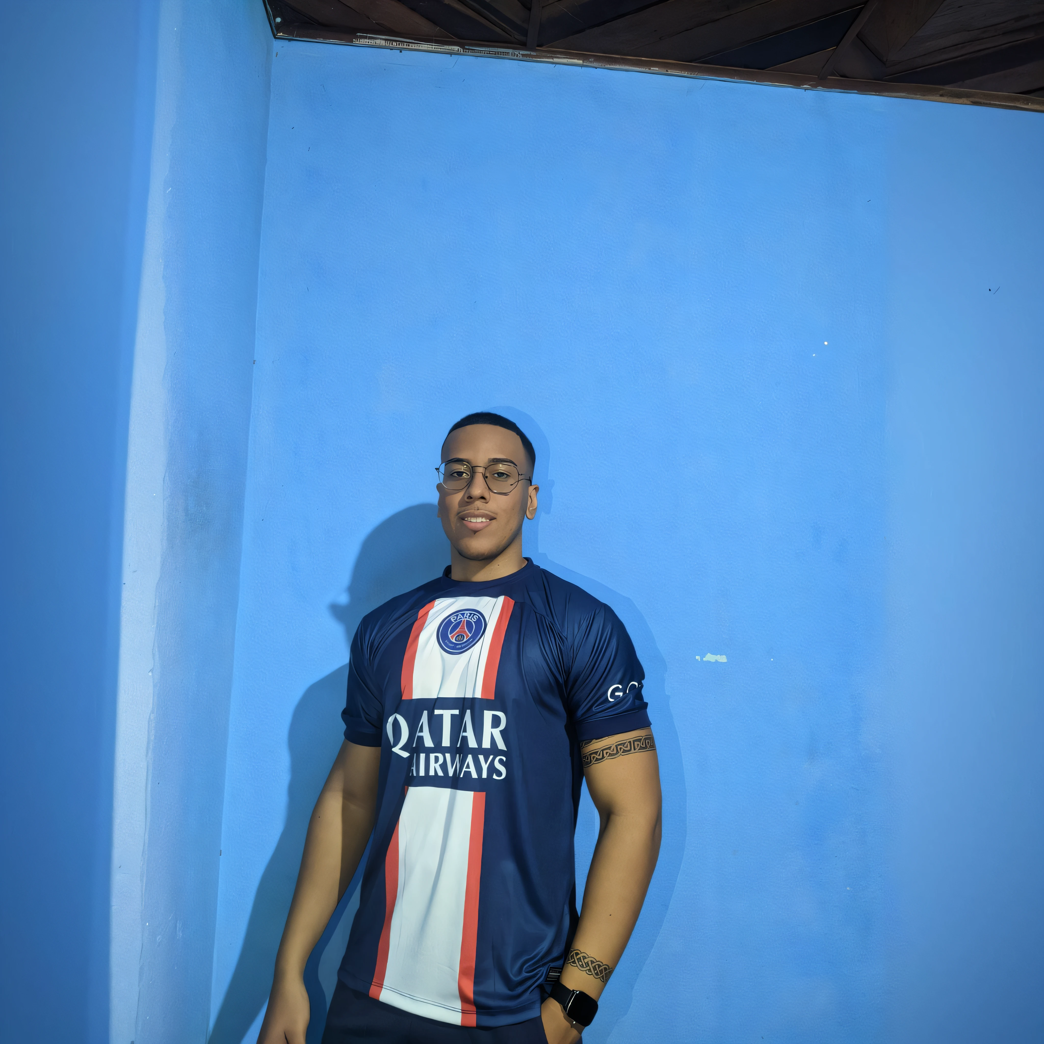 there is a man standing in a room with a blue wall, mohamed reda, frontal picture, mohamed chahin, mohamed chahin style, ronaldo nazario fenomeno, caio santos, very very low quality picture, ronaldo nazario, album photo, mid shot portrait, taken on iphone 1 3 pro, edon guraziu, full body picture