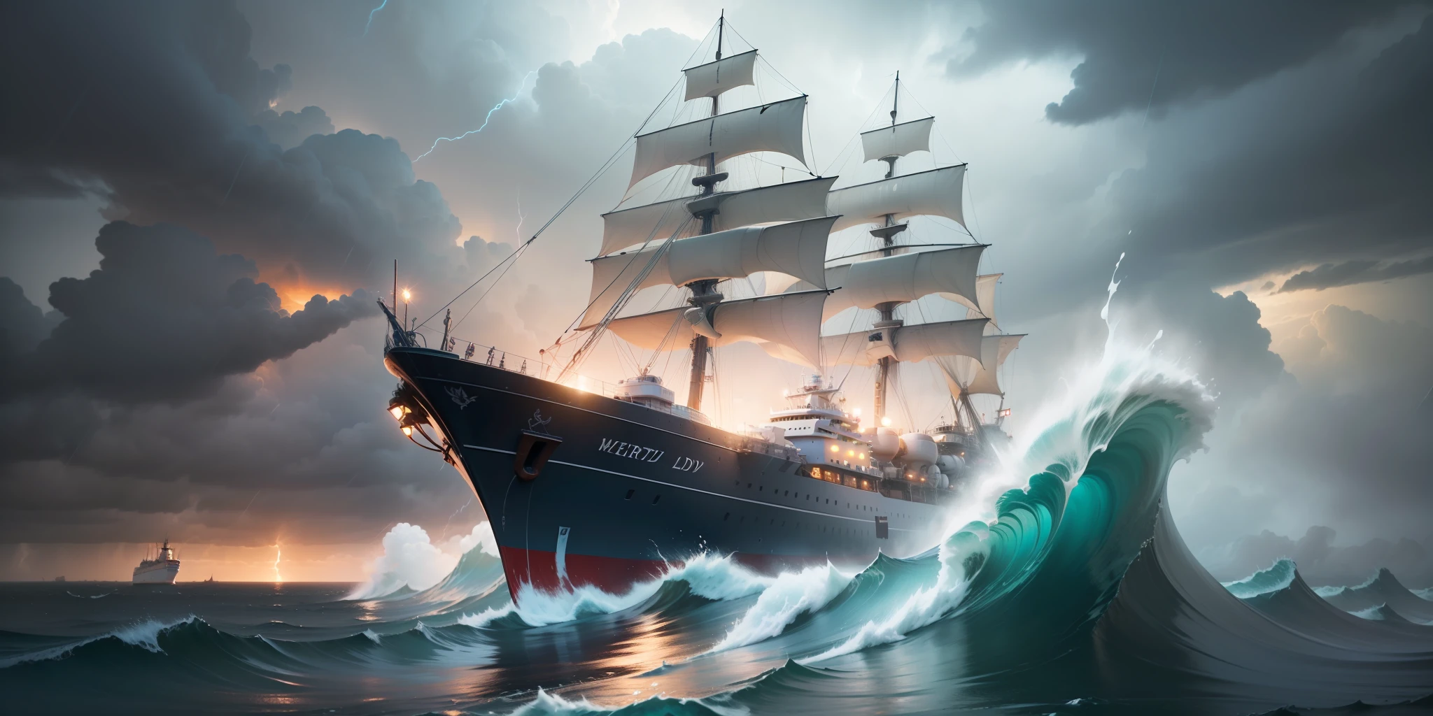 A Scene Based on PIRATES OF THE CARIBBEAN :: (((A Concept Art of SOLO MERCHANT SHIP SAILING THROUGH RAINSTORM, Windy, waves, Fantasy, breathtaking, Abstract, 3d illustration, Concept Art, Dramatic Colors, Extremely Detailed, Art by Artgerm Lau and WLOP))), Concept art featured on Artstation, Realistic :: dreamy color scheme, art rendition, digital illustration, long exposure, studio lighting, UHD, cinematics, high detailed art