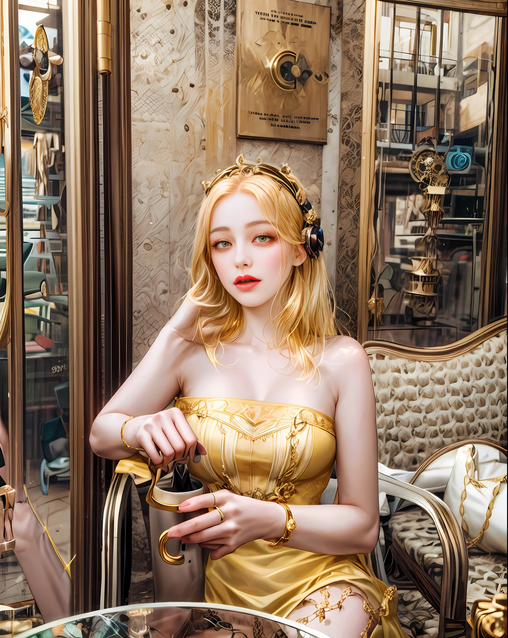 ( High quality , ultra detailed, careful with hand )Zodiac - Leo goddess , similar to latin goodness , Dominant, courageous, aristocratic, idealistic face , Arrogant, impulsive, despotic, hedonistic style , golden eyes (eyes detail) , golden-yellow hair , transparent dress , in the golden ocean , whole body , strong make up look , That girl has lion vibe . Dark vibe