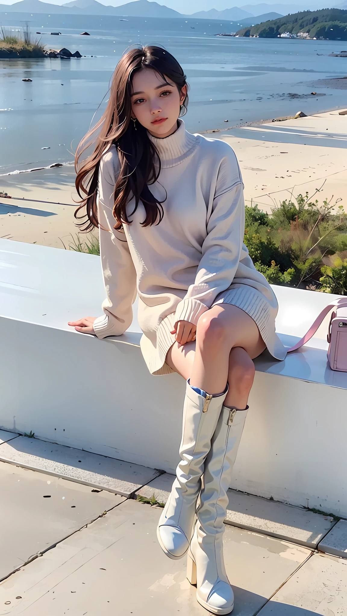 Close-up of a woman sitting on a bench, handbags, white and light pink clothes, white boots, designed for comfortable aesthetics! , Wearing a fisherman 🧥, wearing long and fluent clothes, white boots, cute, dreamy style, 8K)), aesthetics!, cute, funny costume, wearing an oversized sweater, white boots, costume photo, white and pink, 🍁 🍂 4 0 9 6