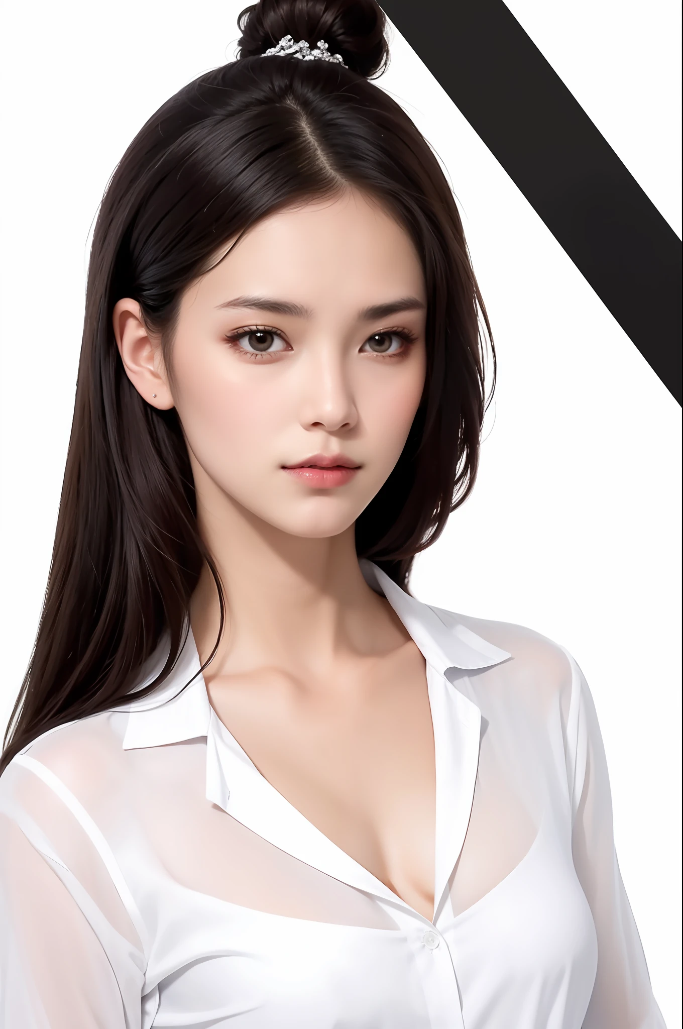 masterpiece, best quality, realistic, 1woman, long hair, broad shoulders, small head,double eyelids, square chin, light white shirt, unbuttoned, transparent breast patch, bathroom， portrait, (white background:1.3), closed mouth