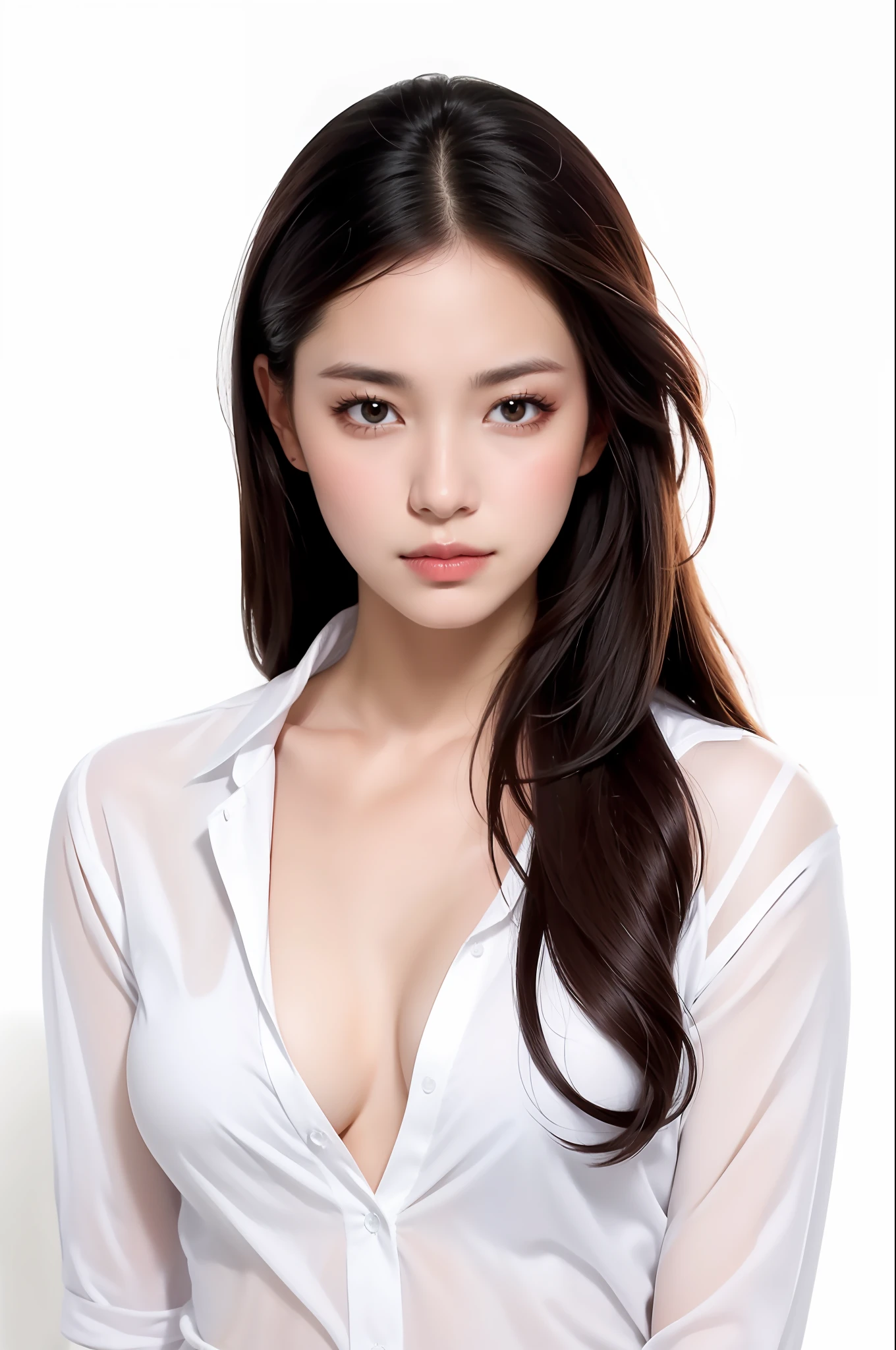 masterpiece, best quality, realistic, 1woman, long hair, broad shoulders, small head,double eyelids, square chin, light white shirt, unbuttoned, transparent breast patch, bathroom， portrait, (white background:1.3), closed mouth