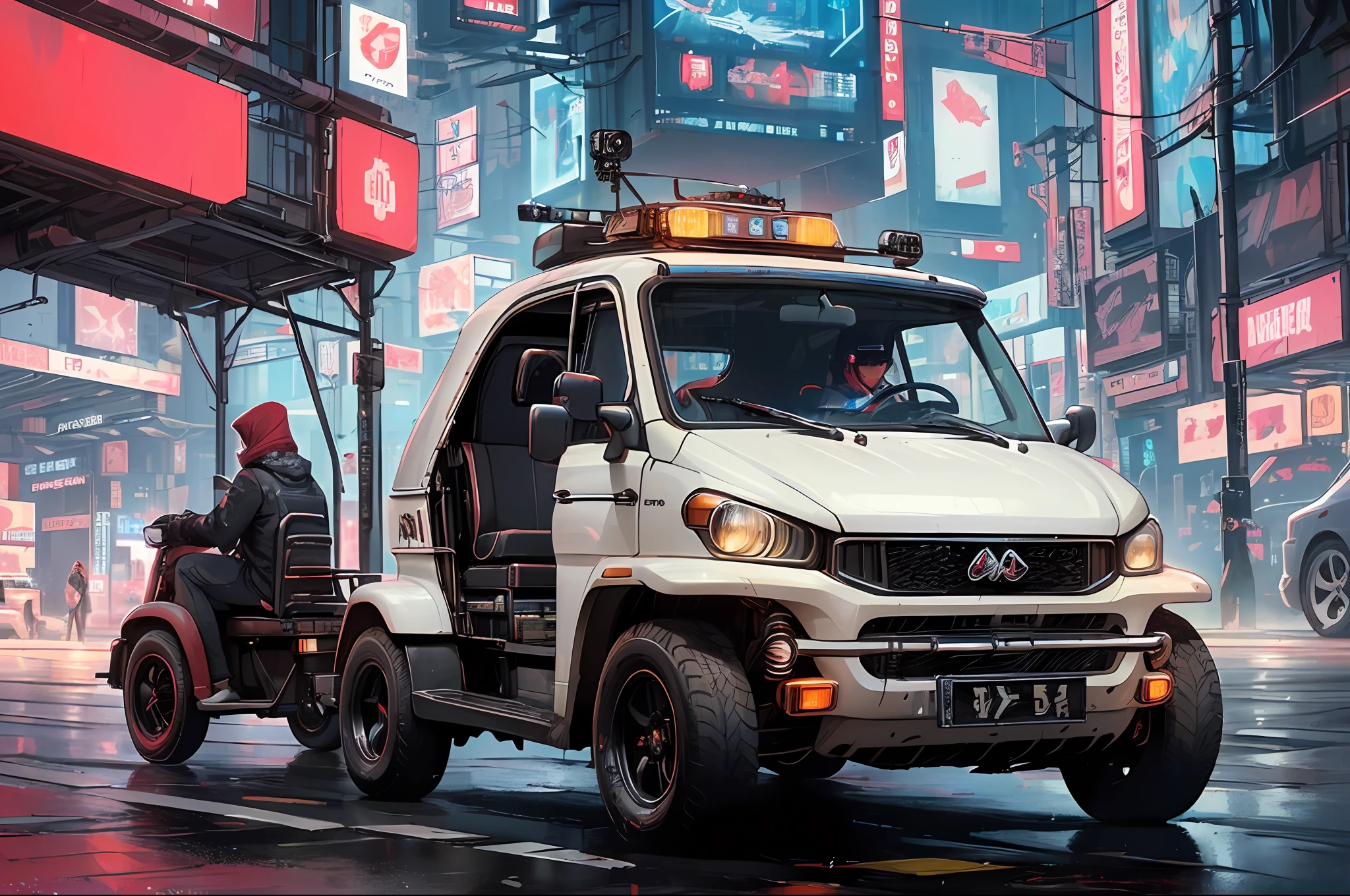 (at late night:1.3), , (detailed beautiful skin textures, detailed beautiful face, ultra detailed clothing textures), , (Cyberpunk:1.4), , (an ultra detailed four-wheeled and long bonnet tuk-tuk and eear loading platform with luggage on it and letter-tyres), , (3/4 front view, The car is in the center of the frame), , (at parking area, at ultra detailed Night City of Cyberpunk), (All cars are classic cars with cyberpunk custumed), , (softlighting), , (masterpiece, best quality:1.4, 128k, ultra detailed, illustration, distinct_image, intricate_details, delicate illustration), (realistic:0.15),