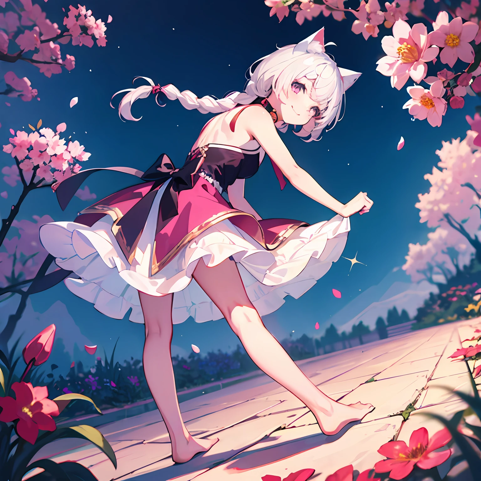 Top Quality, Masterpiece, High Definition, Very Detailed, 8k, One Girl, Cute, Anime, Crystal Clear White Skin, Asian Girl, Sensual, Full Body, Young, ******************, ************, (Hair Color is Sparkly Pink), Flower Garden in Full Bloom, Panchira: 1.2, From Diagonal Back, Cute Dress, Lift-Up Skirt, Fantasy, Low Angle, Bare Feet, ((Cat Ears)), Collar, Smile, PAW pose, braid