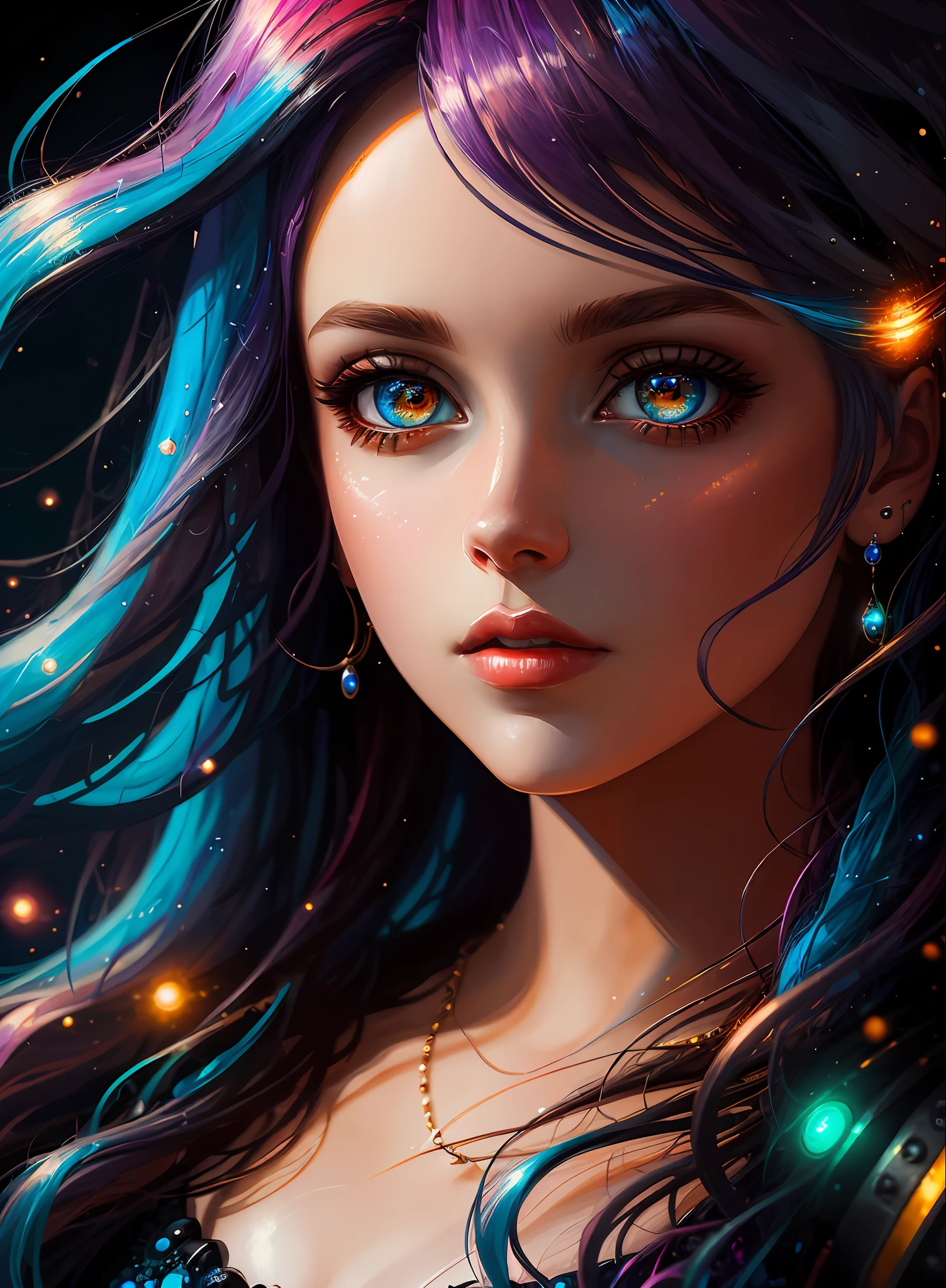 ((Best Quality)), ((Masterpiece)), (Real), (Details), (Details), (1 Woman) close-up portrait of woman with colorful hair, dreamy beautiful woman, 4K high-definition digital art, stunning digital illustration, stunning 8K artwork, colorful digital fantasy art, colorful and dark, beautiful digital artwork, colorful digital painting, Cyberpunk Digital Anime Art, Portrait of Girl with Bright Waves, 8K HD Digital Wallpaper Art, Gorgeous Digital Painting