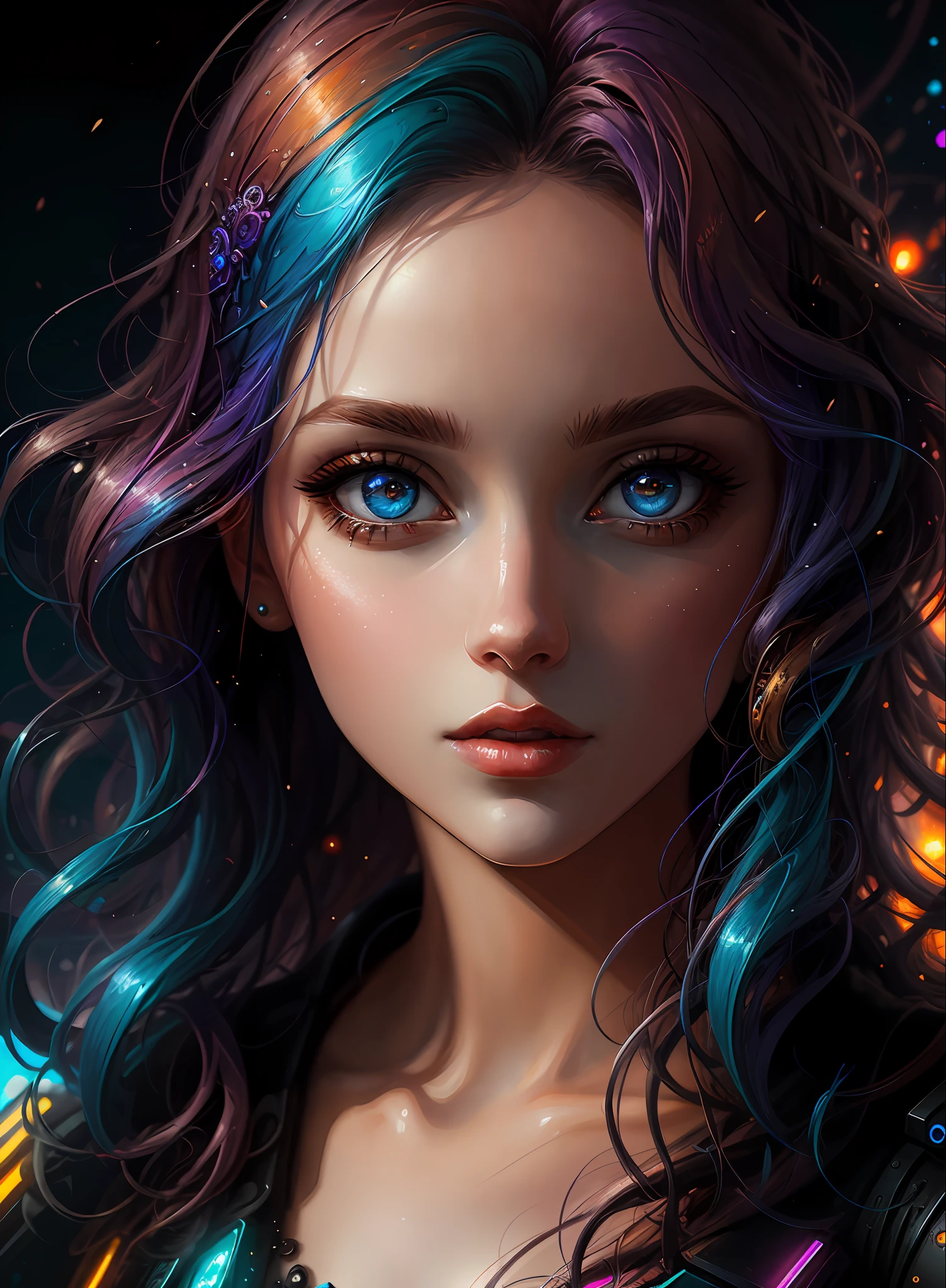 ((Best Quality)), ((Masterpiece)), (Real), (Details), (Details), (1 Woman) close-up portrait of woman with colorful hair, dreamy beautiful woman, 4K high-definition digital art, stunning digital illustration, stunning 8K artwork, colorful digital fantasy art, colorful and dark, beautiful digital artwork, colorful digital painting, Cyberpunk Digital Anime Art, Portrait of Girl with Bright Waves, 8K HD Digital Wallpaper Art, Gorgeous Digital Painting