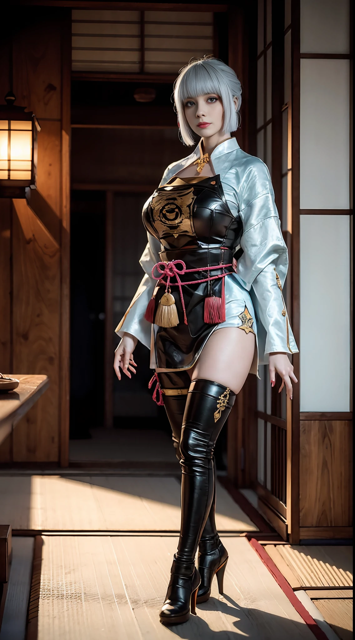 Unreal Engine, Realistic Rendering, Excellent, full armor, glove, milf, looking on viewer, ganyu genshin impact, cosplayer, walking down hallway of kyoto castle, beautiful face, makeup, ((top body is hyperrealistic slim and hyper gigantic breasts)), lower is huge buttocks, shiny skin, short hair, bokeh, masterpiece, highres, 1080P, UHD