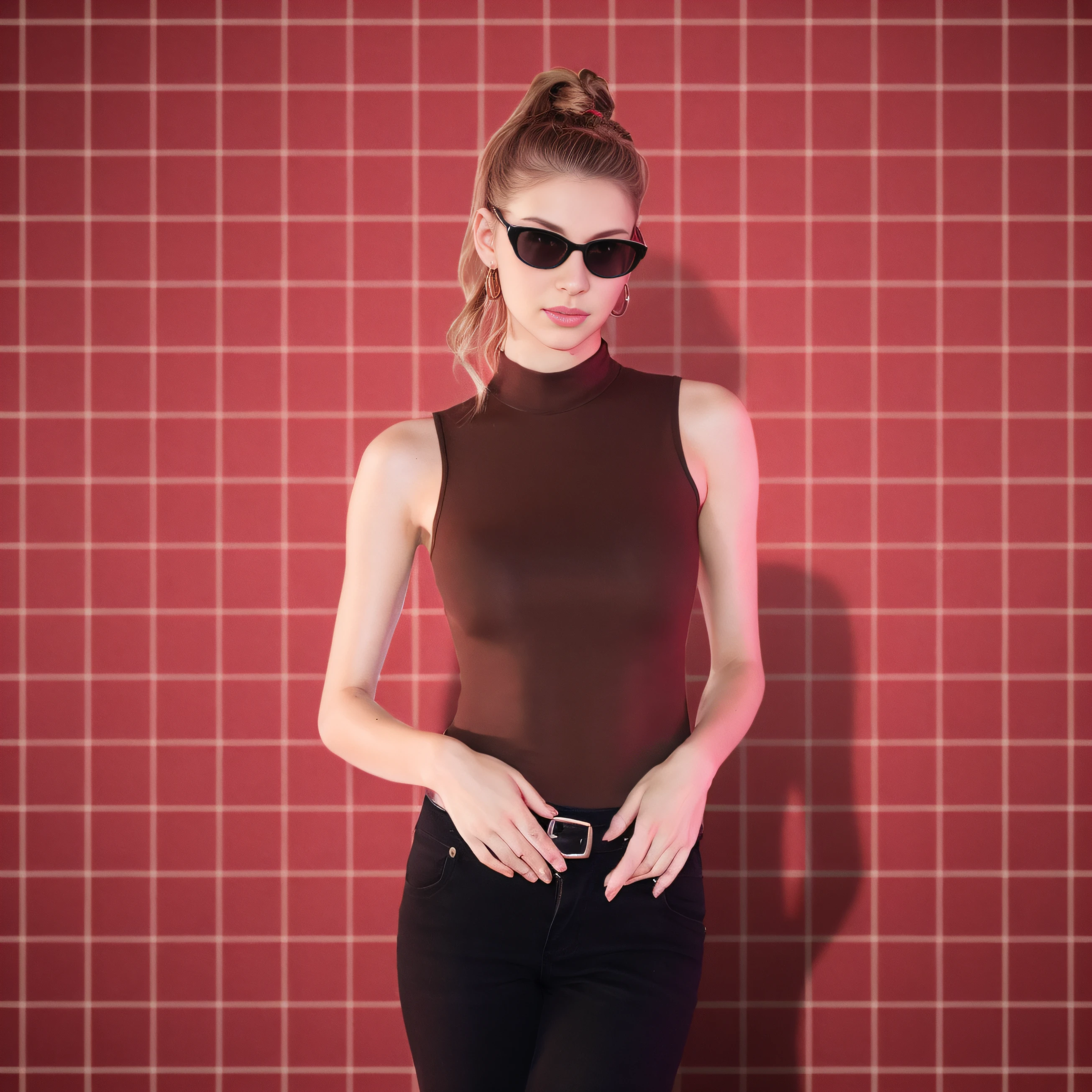 Arad woman posing for photo in red shirt and jeans, portrait of Kim Petras, cute young lady in full body, brown dress, jeans and t-shirt, sexy cropped top, shirt and jeans, dark shirt and jeans, on red background, red outfit, made with Photoshop, on red background