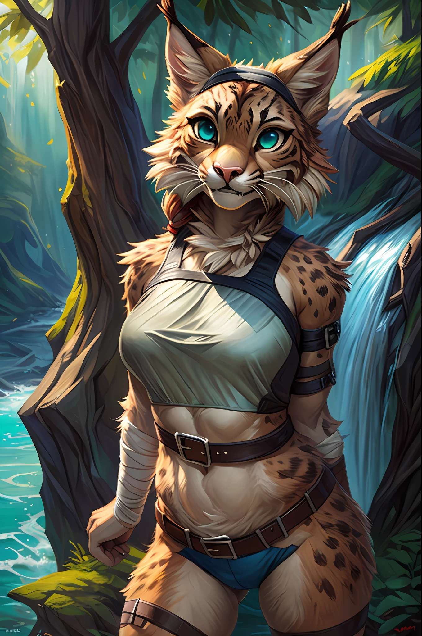 uploaded on e621, by Pixelsketcher, by Bayard Wu, by Thomas Benjamin Kennington , by Einshelm, (realistic:1.2),  real life, shadow, jade the bobcat, lynx, female, furry anthro, cat ears, red headband, pink nose, (detailed clear aqua eyes),  fangs, beige brown hair, fringe, ponytail, light tan body, strap around biceps, neck fur tuft, ((brown breast belt with buckle)), ((white and red crop top)), brown weave belt, light tan shorts, white bandaged hands, white bandaged arms, ((thigh knife strap)), (chibi:1.3), bandaged ankles, ((portrait)), BREAK,
standing seductively, dynamic pose, camel toe, (bobcat tail), (detailed Bonifasko lighting), (fluffy fur), (detailed fur), (detailed skin),
camel toe, (smirk:1.1), BREAK,
masturbation, cinematic lighting, ((detailed forest background, waterfall, hills, tree)), wide angle view, (half body shadow:1.3),
[backlighting], [[crepuscular ray]], [detailed ambient light], [gray natural lighting], [ambient light on the belly], (higher wildlife feral detail), outdoors, ocean view and beach,BREAK,
[realistic proportions], [explict content], [sharp focus], (questionable content), (shaded), ((masterpiece))