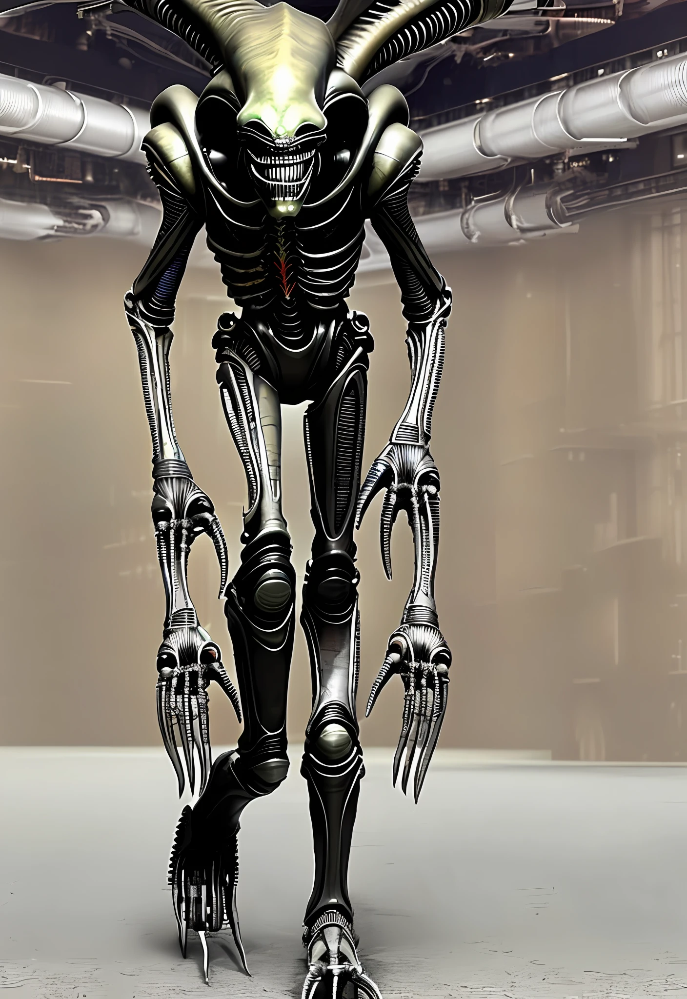 ASCII8k full body photo of bigbadejo alien_monster walking through an (industrial futuristic room, (aged sci-fi elements, retro sci-fi consoles), volumetric lighting, depth of field, ray tracing, subsurface scattering