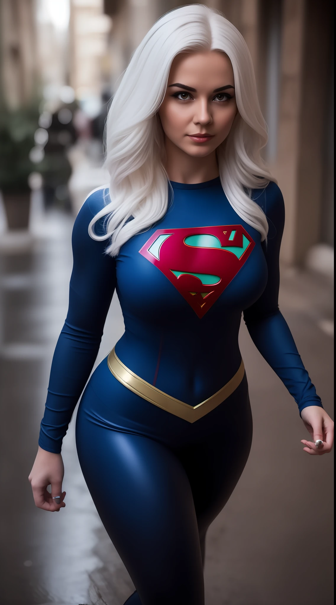 beautiful woman, White Hair, Supergirl and Black Cat fusion outfit(Black Cat Marvel), black and blue outfit, neckline, sexy, cover, rain, realistic, full body photo, prominent figure, photo (Masterpiece) (Best quality) (detail) (8K) (HD) (Wallpaper) (cinematic lightining) (Crisp focus) (Intricate), best quality, Ultra high resolution, photorealistic, full body portrait, incredibly beautiful,  dynamic poses, detailed skin texture, highly detailed skin, detailed face, beautiful legs, large breasts, powerful.