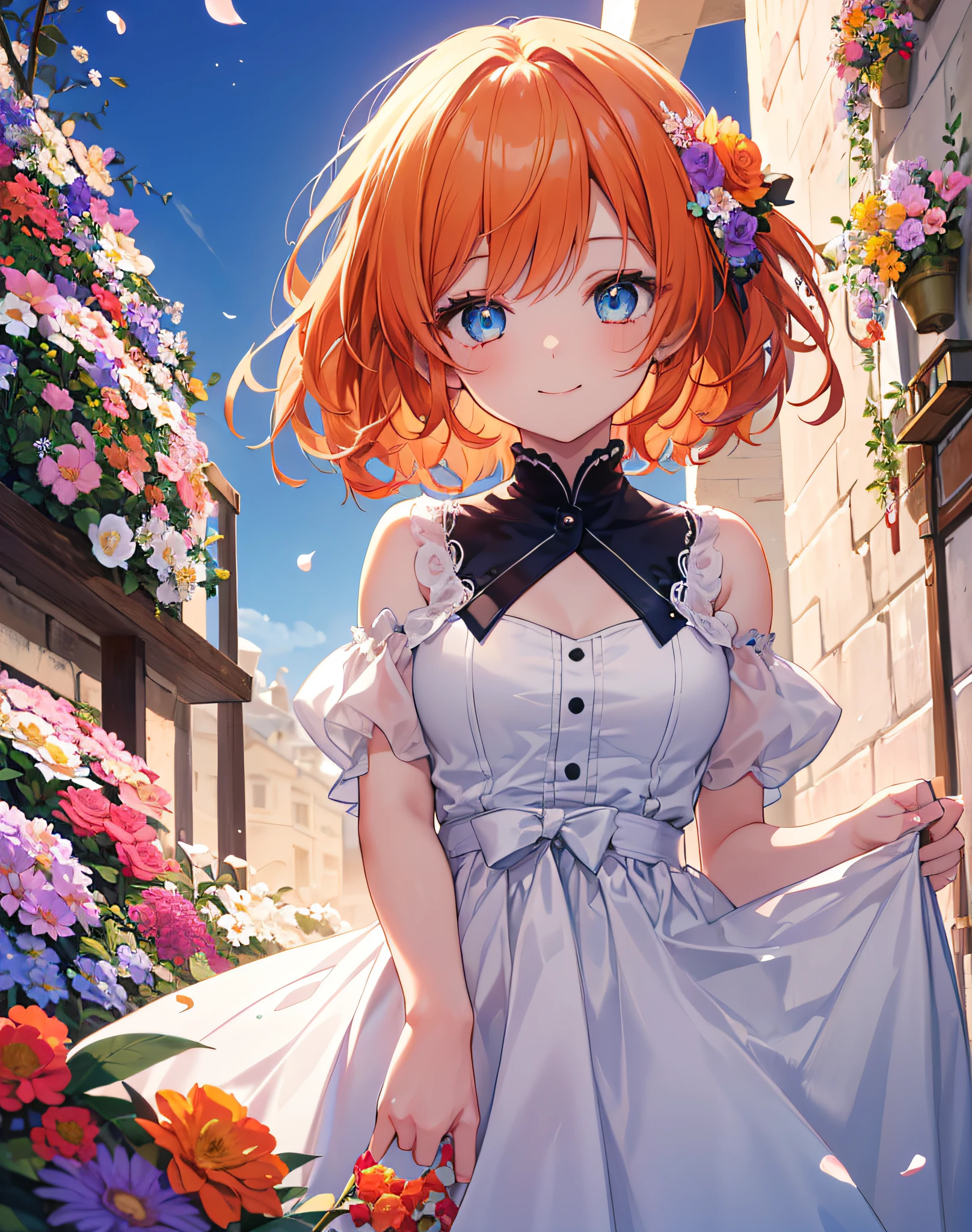 1girl, solo, ((masterpiece)), ((best quality)), (ultra-detailed), ((extremely detailed)), 4K, (8K), best quality, (beautiful), look down from above, a cute girl, dress, beautiful orange hair, beautiful blue eyes, ((beautiful eyes)), ribon, ((light smile)),((beautiful flower gardens)),((girl surrounded by flowers)),shot from below