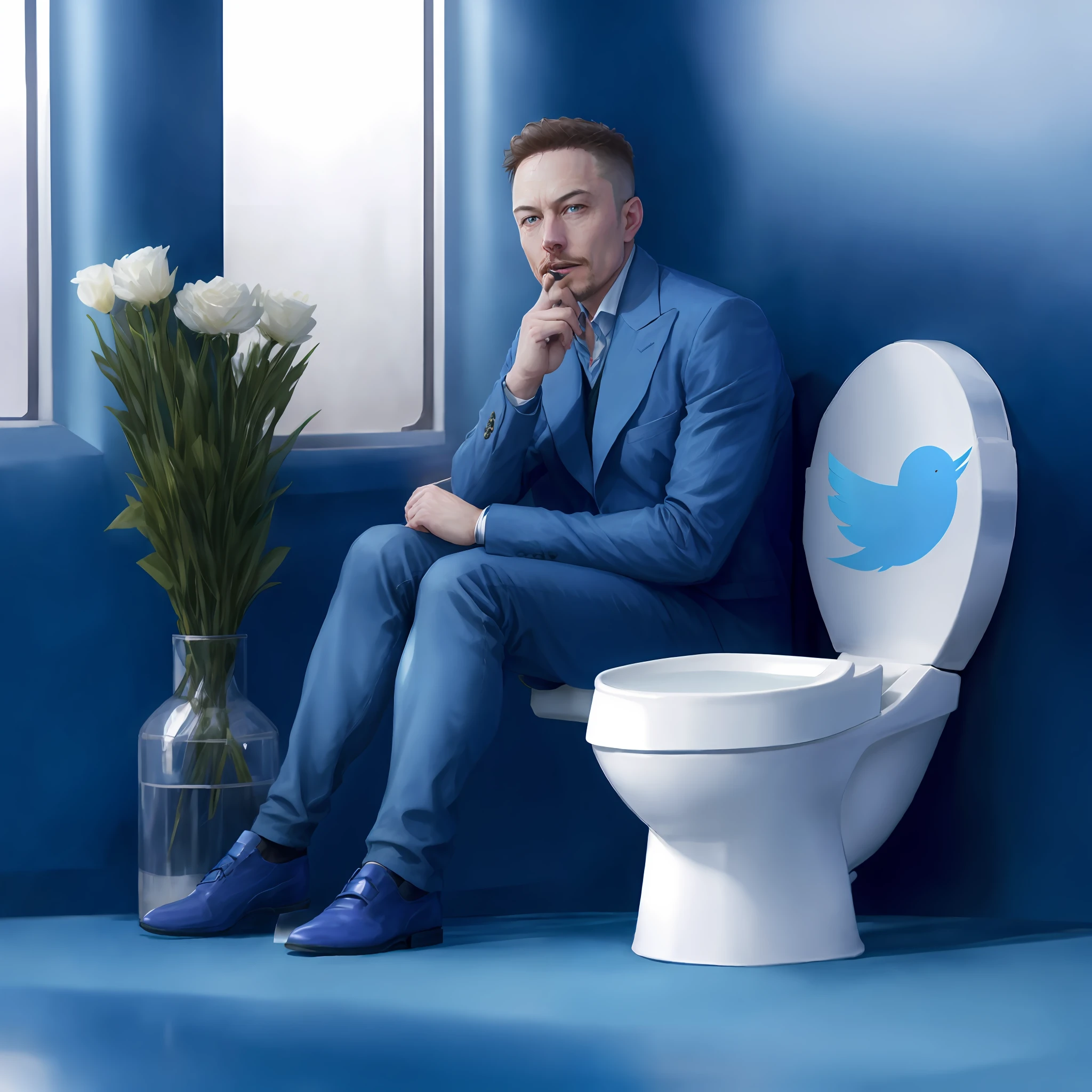 arafed Ellon Musk in a blue suit sitting on a toilet with a twitter logo on the tank, elon musk as joker, elon musk as a greek god, elon musk as a musketeer, elon musk in fortnite, trending on twitter, elon musk, viral on twitter, elon musk as thor, twitter, black elon musk, gaming chair as a toilet, gaming toilet