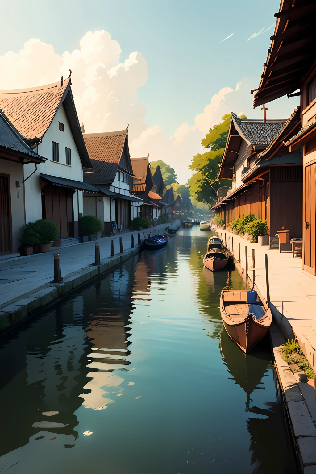 colored pencil Line art sketch, coloring page of a beautiful Traditional Thai Village, canals and rivers, boarts. summer, harsh lighting, vector, stained glass art, trending on Pixiv fan box, palette knife and brush strokes, style of makoto shinkai jamie wyeth James Gilleard edward hopper Greg Rutkowski studio ghibli genshin impact, Very sharp details.