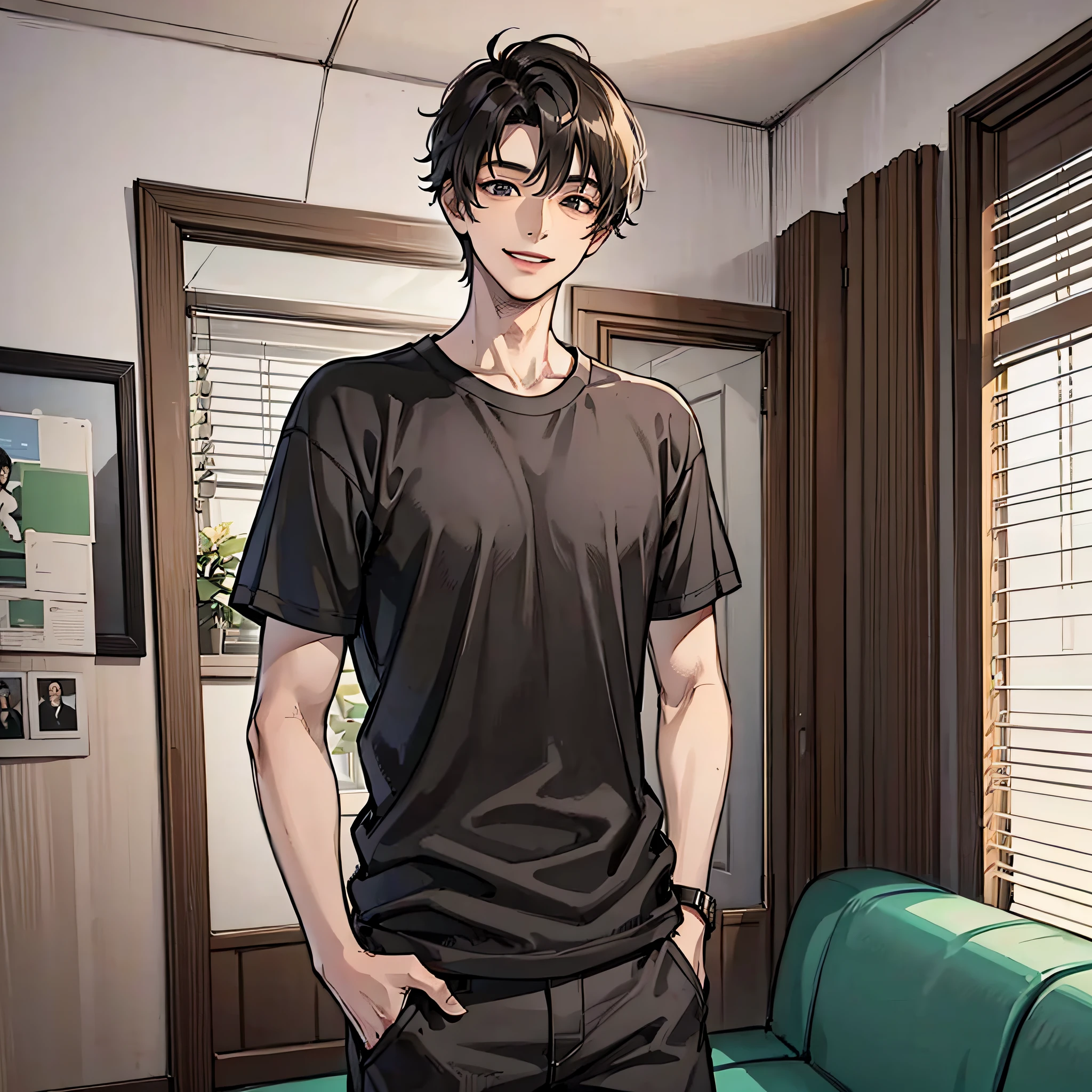 A young man in black short sleeves, standing, smiling, in the room, flanked by a sofa