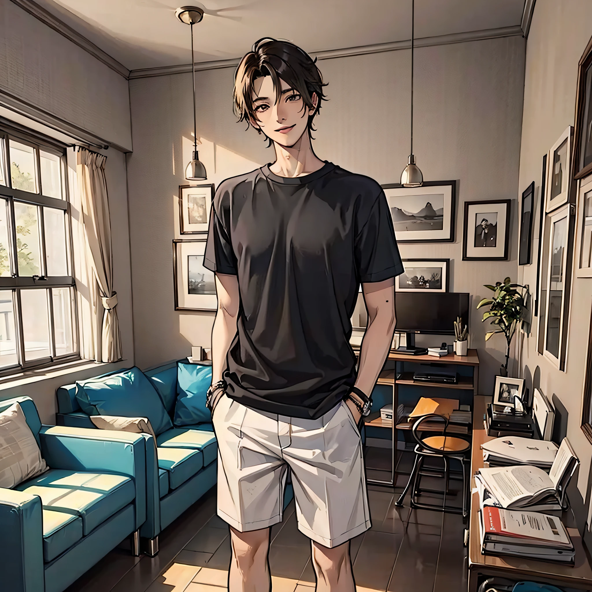 A young man in black short sleeves, standing, smiling, in the room, flanked by a sofa