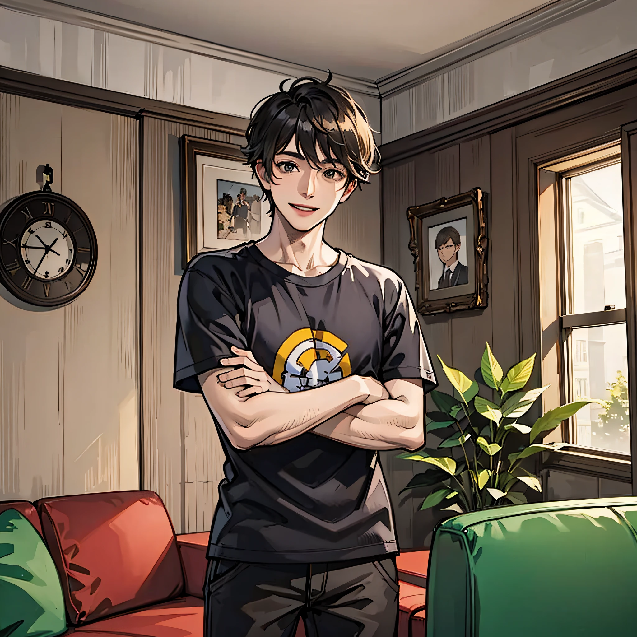 A young man in black short sleeves, standing, smiling, in the room, flanked by a sofa
