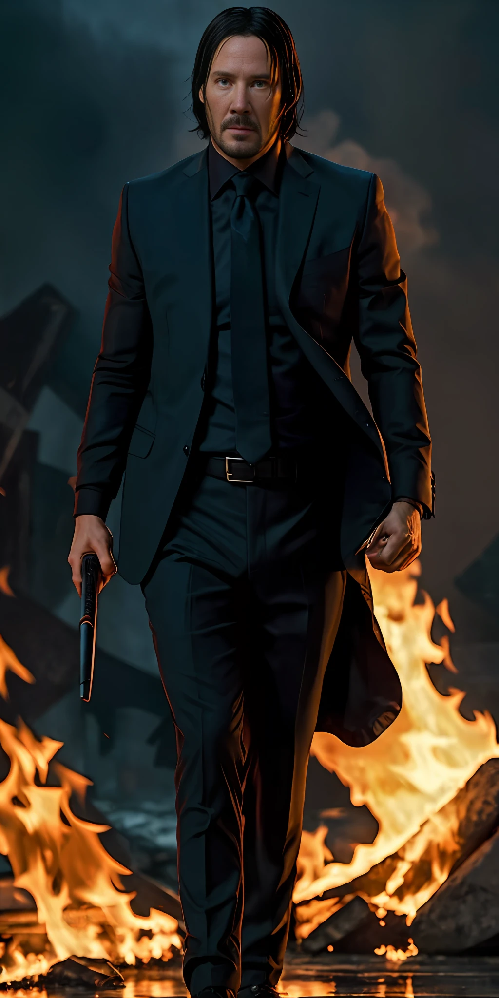 John Wick walking away from a fire, badass pose, firsts clenched, night-time, pissed off expression, realistic, 4k quality, extremely detailed