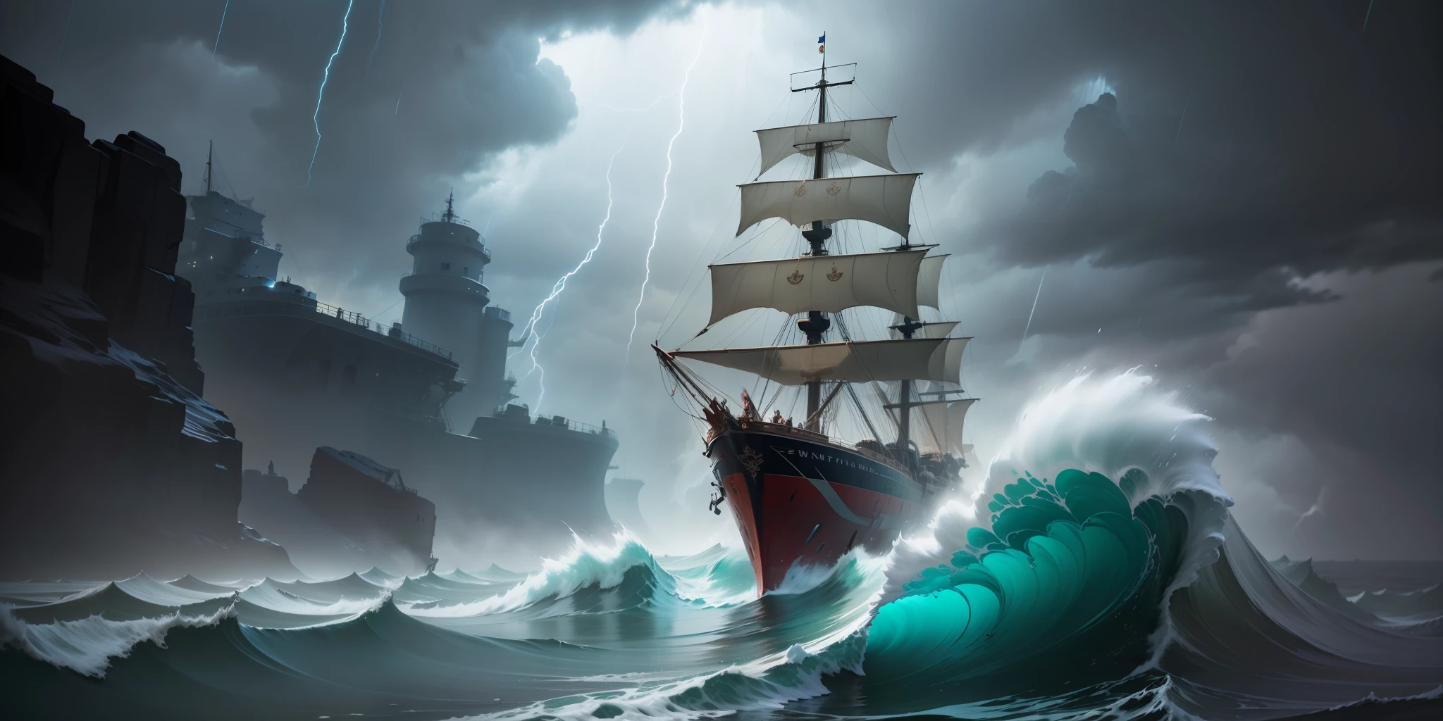 A Scene Based on PIRATES OF THE CARIBBEAN :: (((A Concept Art of SOLO MERCHANT SHIP SAILING THROUGH RAINSTORM, Windy, waves, Fantasy, breathtaking, Abstract, 3d illustration, Concept Art, Dramatic Colors, Extremely Detailed, Art by Artgerm Lau and WLOP))), Concept art featured on Artstation, Realistic :: dreamy color scheme, art rendition, digital illustration, long exposure, studio lighting, UHD, cinematics, high detailed art