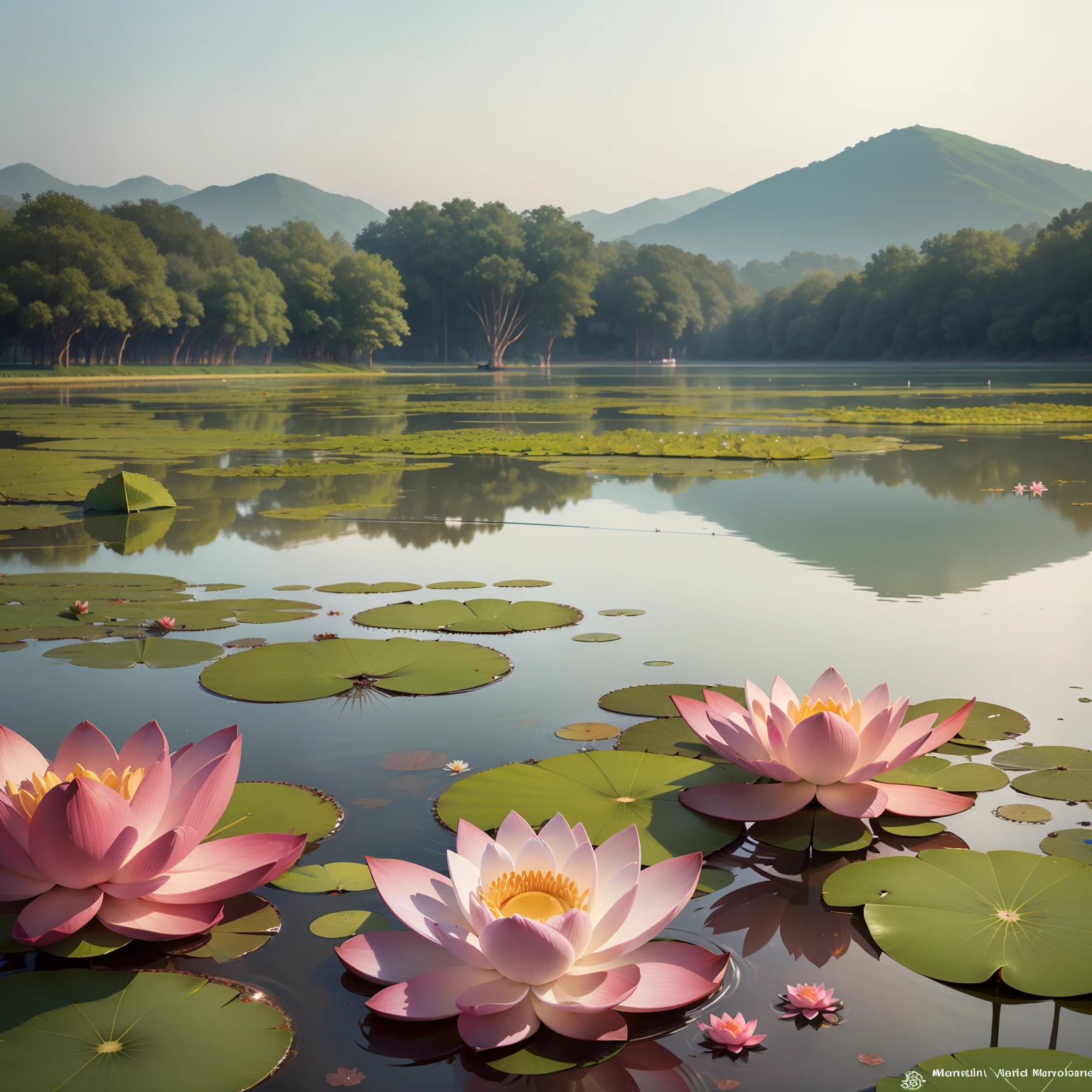 a large lake with clear water, the bottom of the lake is golden sand, sparkling water, many big and high lotus flowers grow in the lake, the scent of lotus spreads throughout the lake surface mixed with the morning dew and the light of dawn.