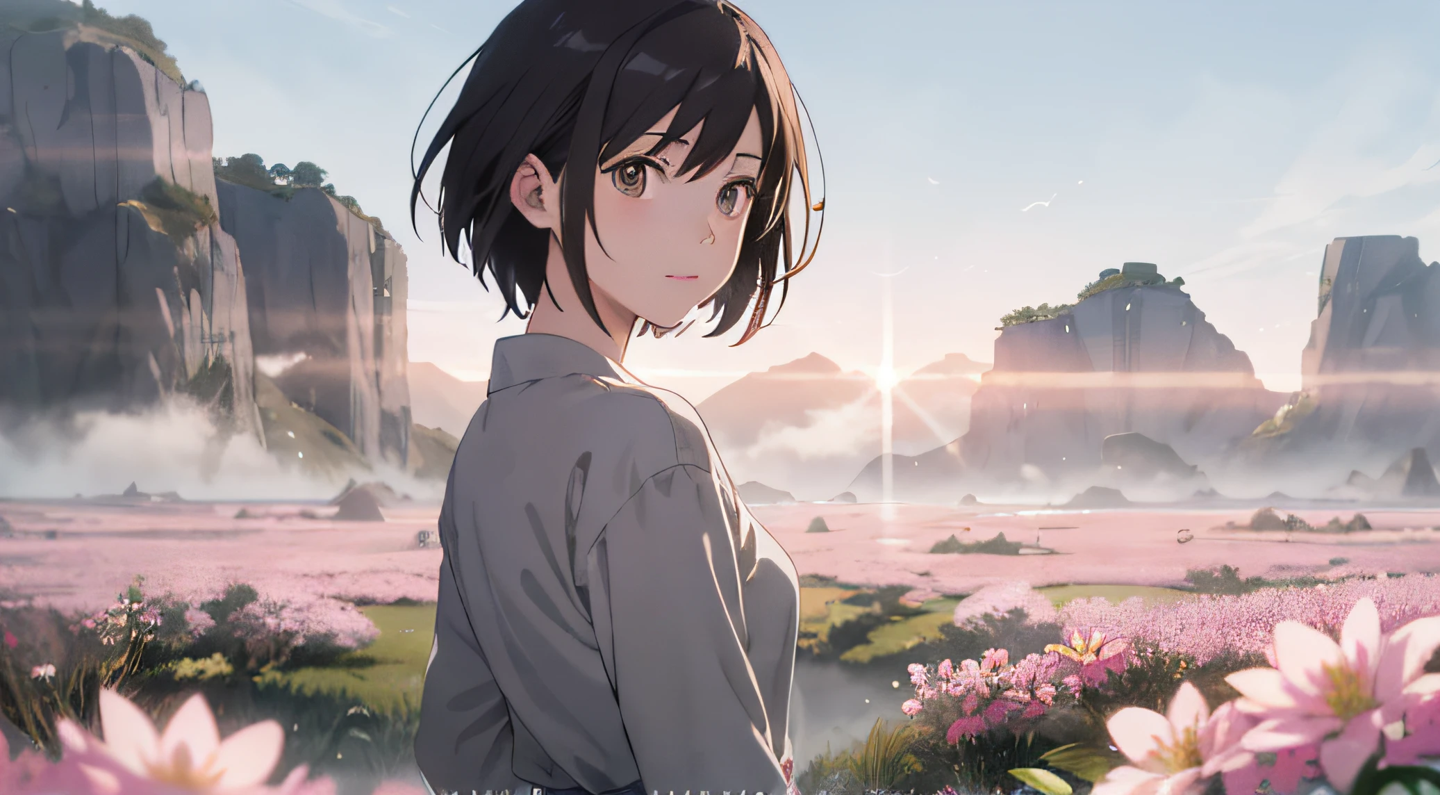 Very detailed anime style illustration, very cute young woman, brown short hair, thin cheeks, perfectly round gray eyes, gray long sleeve shirt and wearing gray long skirt. Surrounded by pink flowers in the deep plateau before dawn, the dark surroundings, the fantastic backlight filled with fog, Makoto Shinkai anime style.
Waiting to start