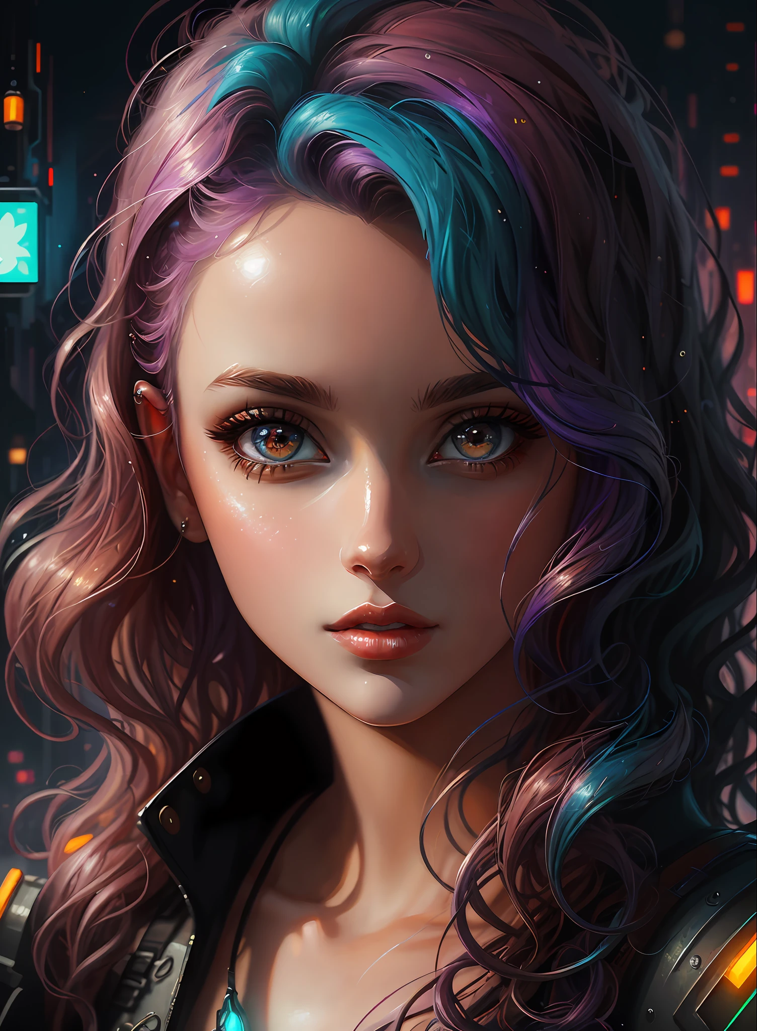 ((Best Quality)), ((Masterpiece)), (Real), (Details), (Details), (1 Woman) close-up portrait of woman with colorful hair, dreamy beautiful woman, 4K high-definition digital art, stunning digital illustration, stunning 8K artwork, colorful digital fantasy art, colorful and dark, beautiful digital artwork, colorful digital painting, Cyberpunk Digital Anime Art, Portrait of Girl with Bright Waves, 8K HD Digital Wallpaper Art, Gorgeous Digital Painting