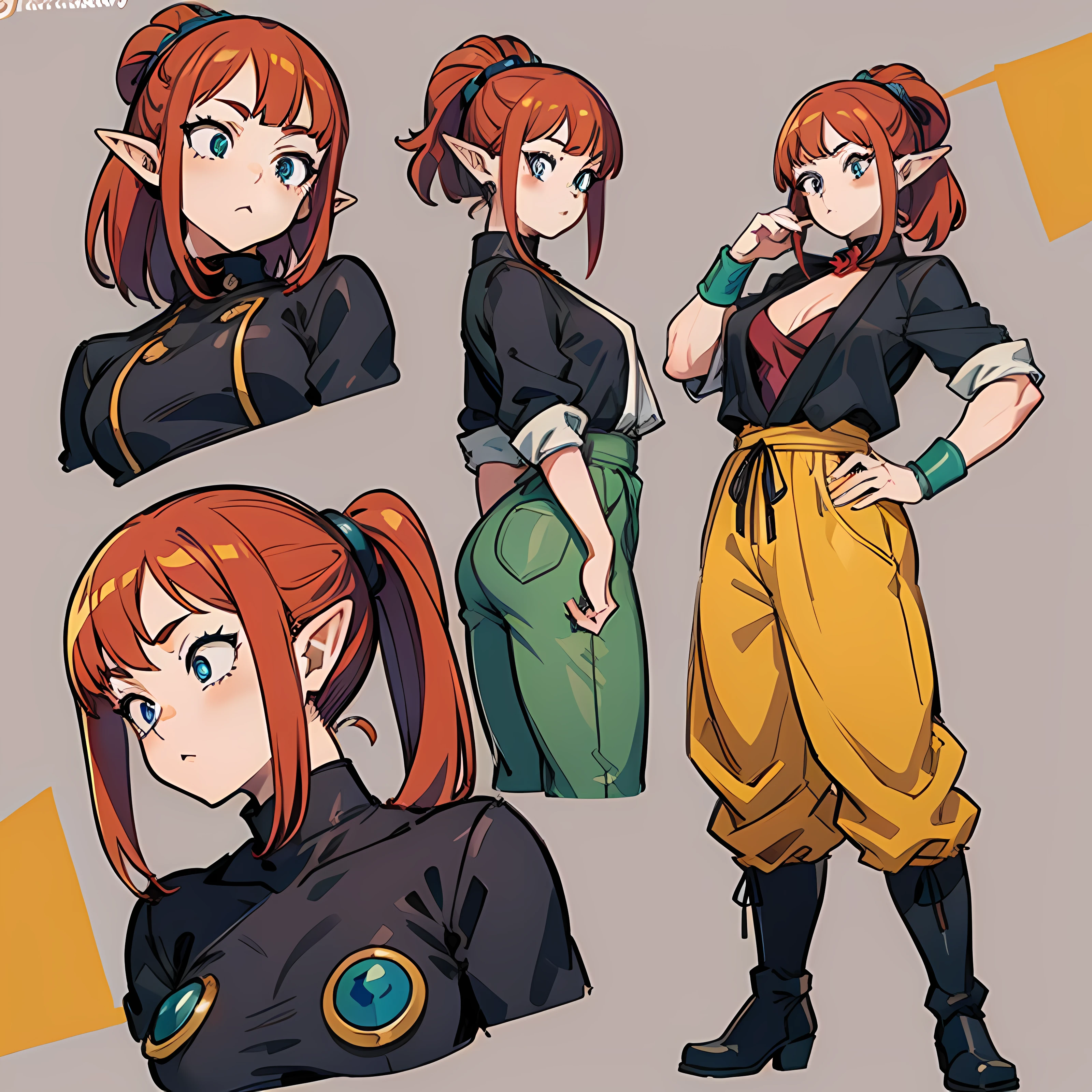 the artistic influence of Yusuke Murata and dragon ball, akira toriyama, (maximum detail), in 4k, (boots), (elf), (redhead), (large breasts), (big chest), (sexy body) (samurai), (long black hair)