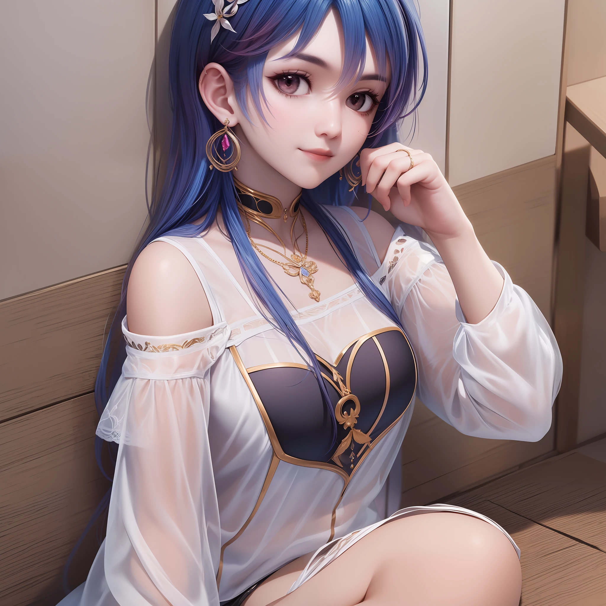 (masterpiece, best quality:1.2), solo, 1girl, aizawa ema, smile, closed mouth, looking at viewer, hair ornament, off-shoulder shirt, black shorts, black choker, jewelry, earrings