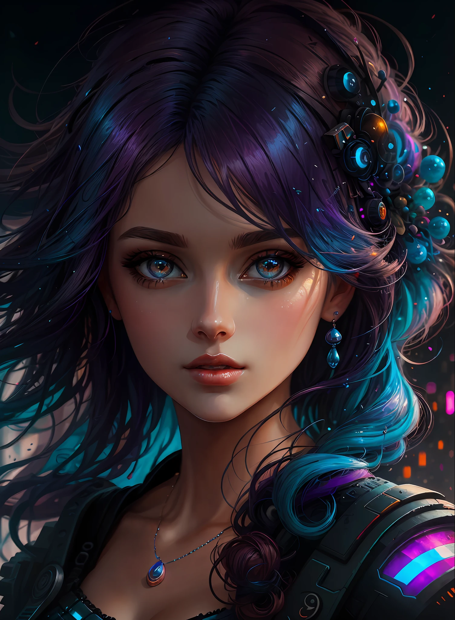 ((Best Quality)), ((Masterpiece)), (Real), (Details), (Details), (1 Woman) close-up portrait of woman with colorful hair, dreamy beautiful woman, 4K high-definition digital art, stunning digital illustration, stunning 8K artwork, colorful digital fantasy art, colorful and dark, beautiful digital artwork, colorful digital painting, Cyberpunk Digital Anime Art, Portrait of Girl with Bright Waves, 8K HD Digital Wallpaper Art, Gorgeous Digital Painting