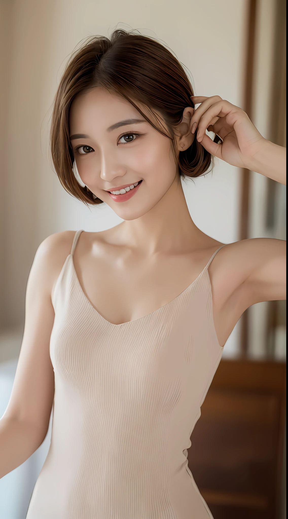 ((Best Quality, 8K, Masterpiece: 1.3)), 1 Girl, Slim Abs Beauty: 1.3, (Hairstyle Brown Hair Shortcut, Big: 1.2), Dress: 1.1, Super Slender Face, Delicate Eyes, Double Eyelids, Smile, Home, Raw Photo