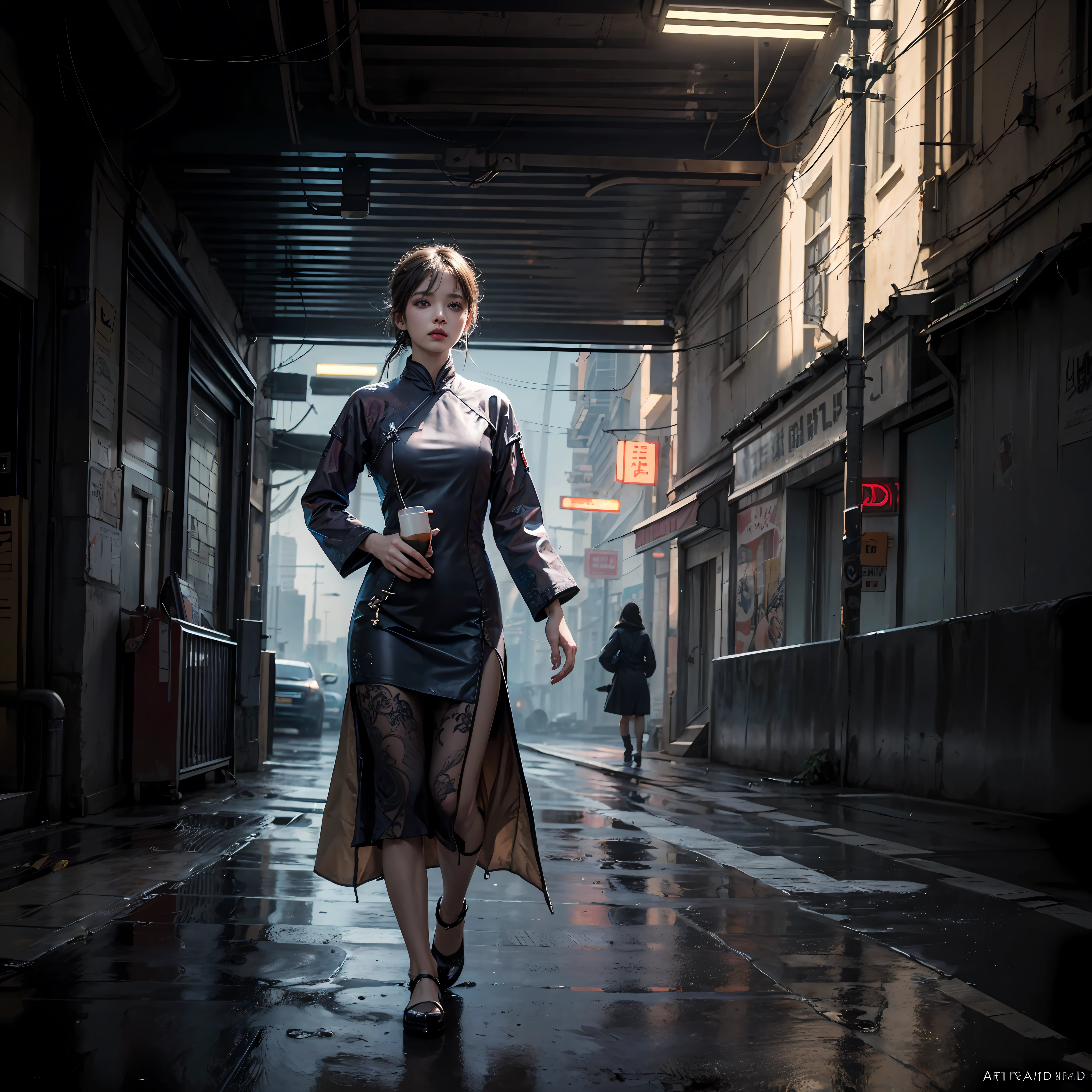 Aodai, street, cyberpunk, epic realistic, photo, faded, complex stuff around, intricate background, soaking wet, neutral colors, ((((hdr)))), ((((muted colors)))), intricate scene, artstation, intricate details, vignette