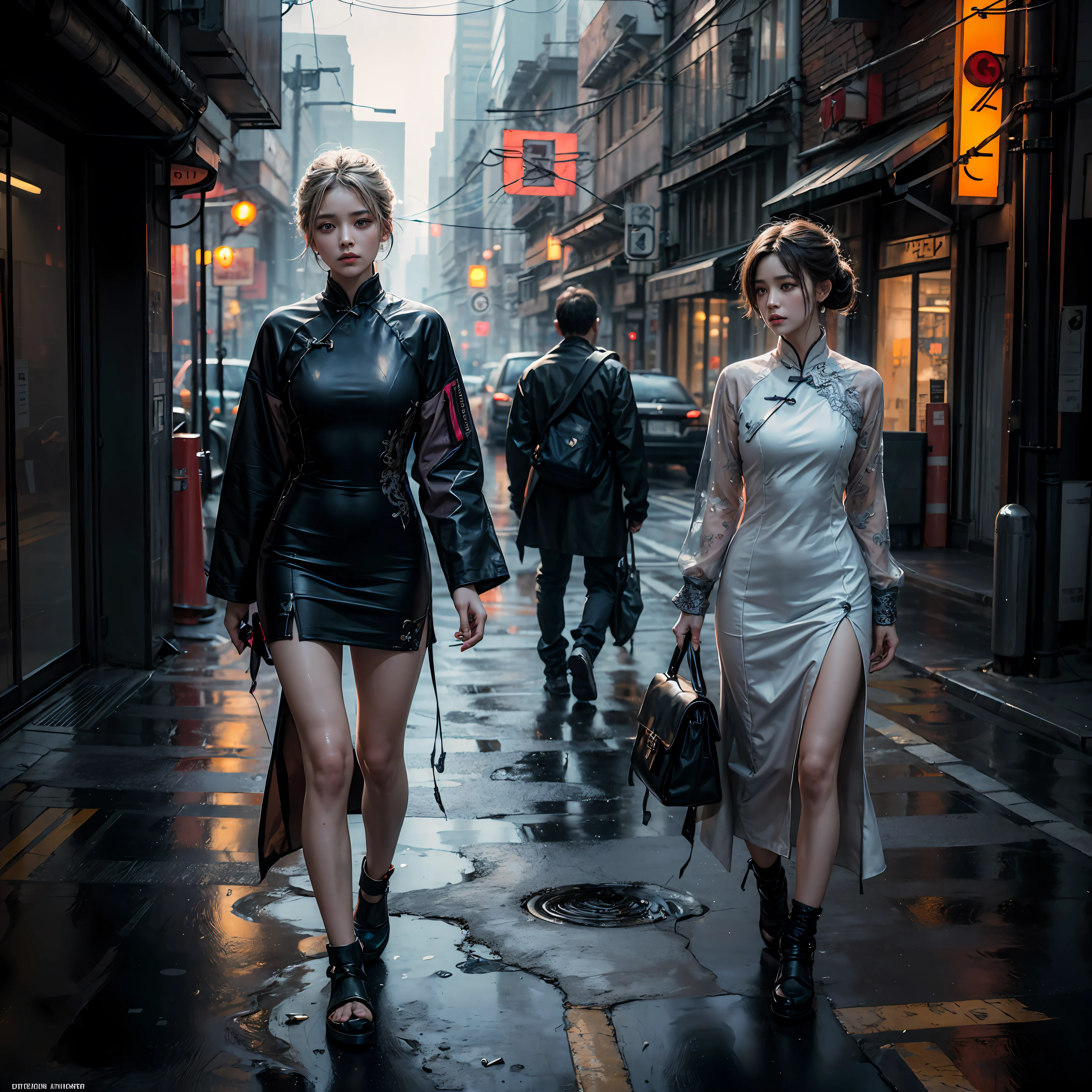 Aodai, street, cyberpunk, epic realistic, photo, faded, complex stuff around, intricate background, soaking wet, neutral colors, ((((hdr)))), ((((muted colors)))), intricate scene, artstation, intricate details, vignette
