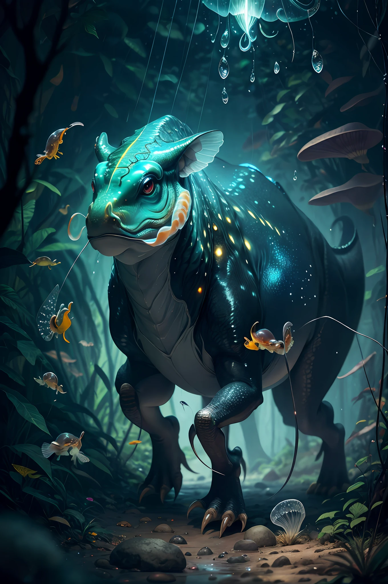 Big creature like dinozaur, wise look, calm, feelers on the head, buffalo posture, crystal clear, six legs, glow around it, luminous lines inside the body,  with six legs creature with transparent and lighting body, walking on all six legs, (((cuttlefish head))), ((four eyes)),jellyfish transparent body, six leghs, in the jungle, jungle, rain forest, high image quality, realistic look, high-resolution photography, 8K, full-frame matrix, deep shadows, ((one character)), (intricate details, subsurface scattering, hyperdetailed:1.15), (hyperrealism, volumetric lighting, sharp:1.5) Fujifilm XT3