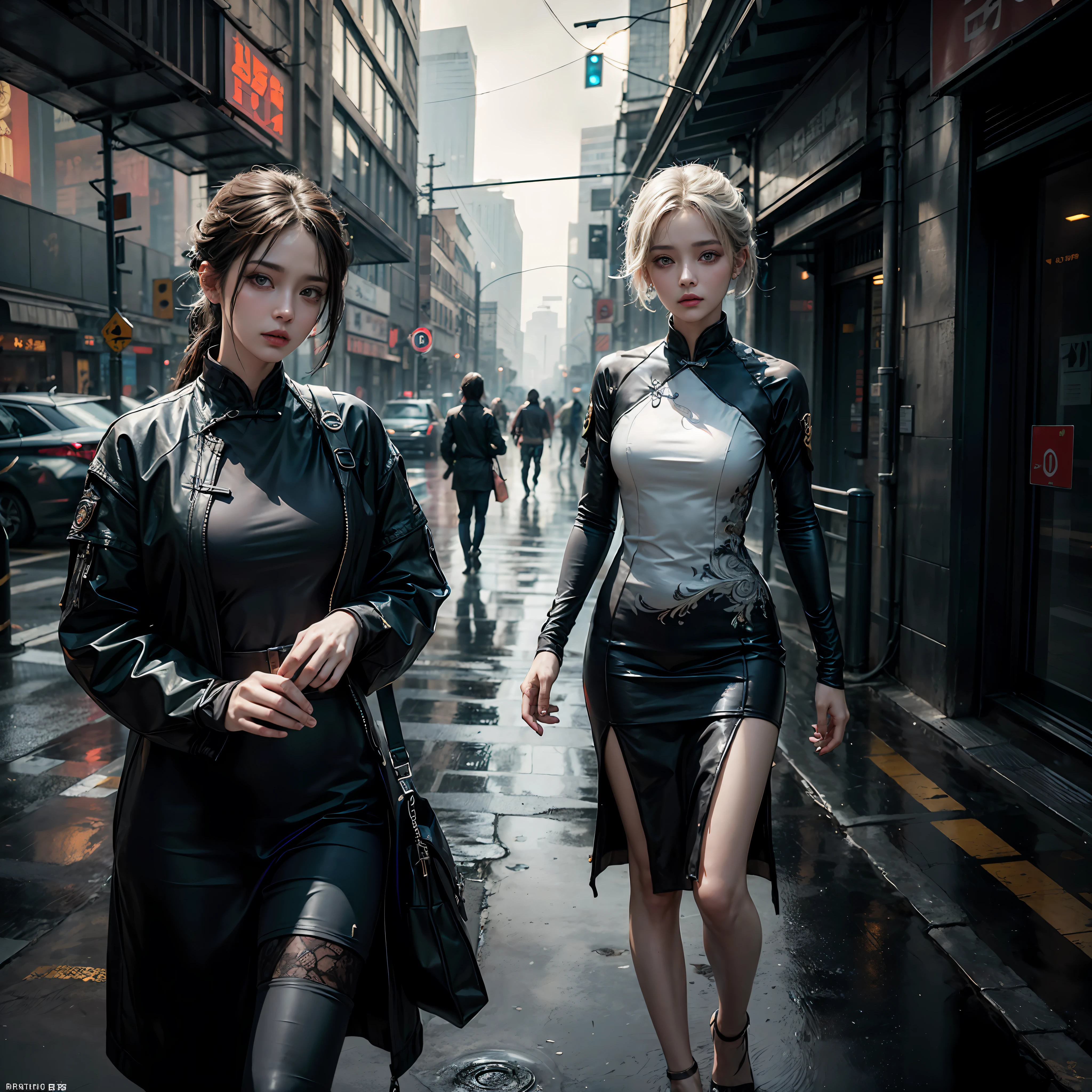 Aodai, street, cyberpunk, epic realistic, photo, faded, complex stuff around, intricate background, soaking wet, neutral colors, ((((hdr)))), ((((muted colors)))), intricate scene, artstation, intricate details, vignette