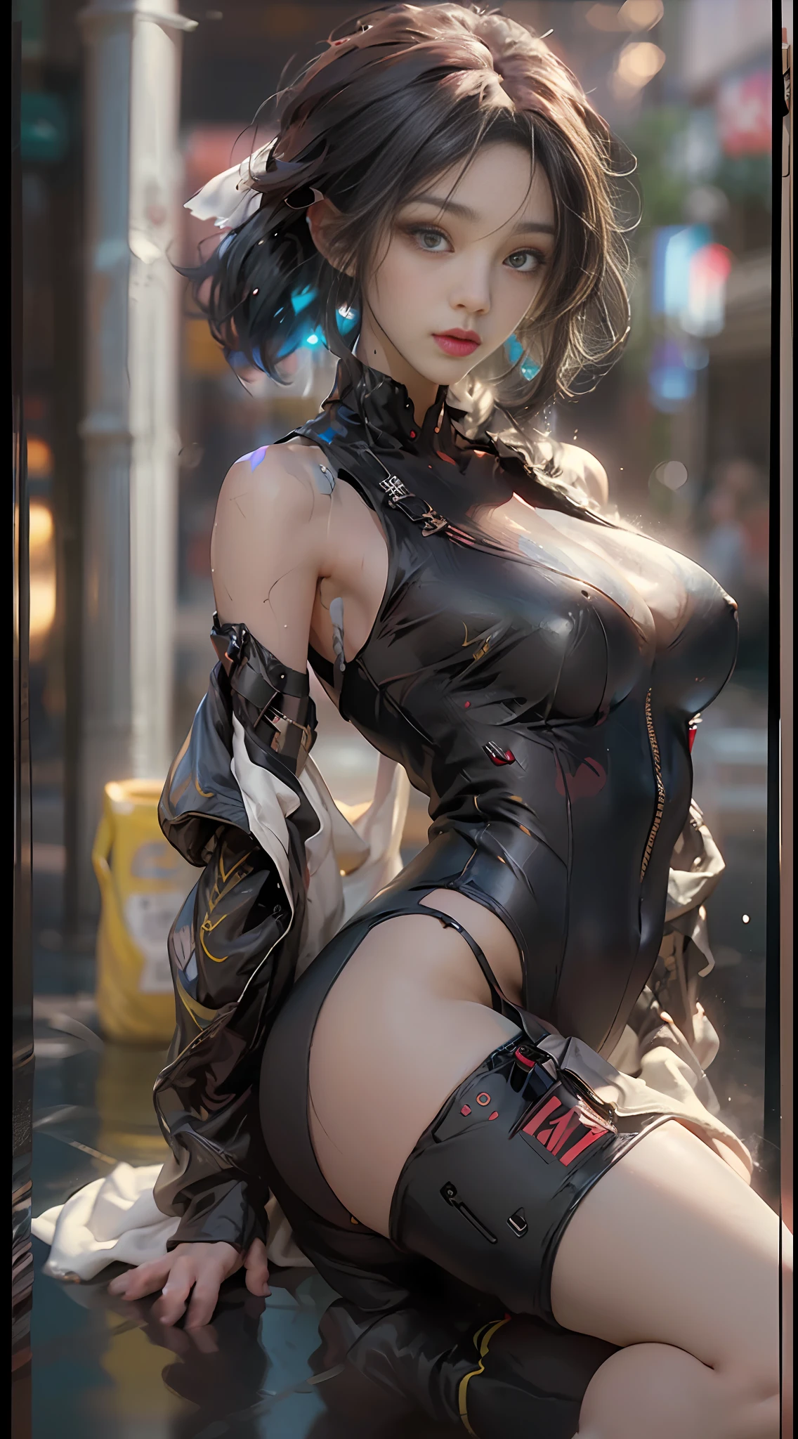 (Best Quality), ((Masterpiece), (Details: 1.4), 3D, Beautiful Cyberpunk Woman, HDR (High Dynamic Range), Ray Tracing, NVIDIA RTX, Super Resolution, Unreal 5, Subsurface Scattering, PBR Textures, Post Processing, Anisotropic Filtering, Depth of Field, Maximum Sharpness and Clarity, Multilayer Textures, Albedo and Highlight Maps, Surface Shading, Accurate Simulation of Light-Material Interactions, Perfect Proportions, Octane Rendering, Bicolor Light, Large Aperture, Low ISO, White Balance, Rule of Thirds, 8K RAW, Kim Ji-so, Puffy Puffy, NSFW, (Kpop Idol), (aegyo sal: 1), crowd watching, belly, legs open, M legs, exposed, seductive, sexy, poor, movie, tears, teardrops, (torn clothes: 1.5), (transparent wet clothes: 1.4), (perspective part: 1.2), charming leg seduction, drooling, bare shoulders, real rain, wet hair,.. Wet transparent pajamas, wet transparent panties, dark lips, breasts coming out, sweaty skin, blushing, face: 1.4), (on a busy street), (he wet)