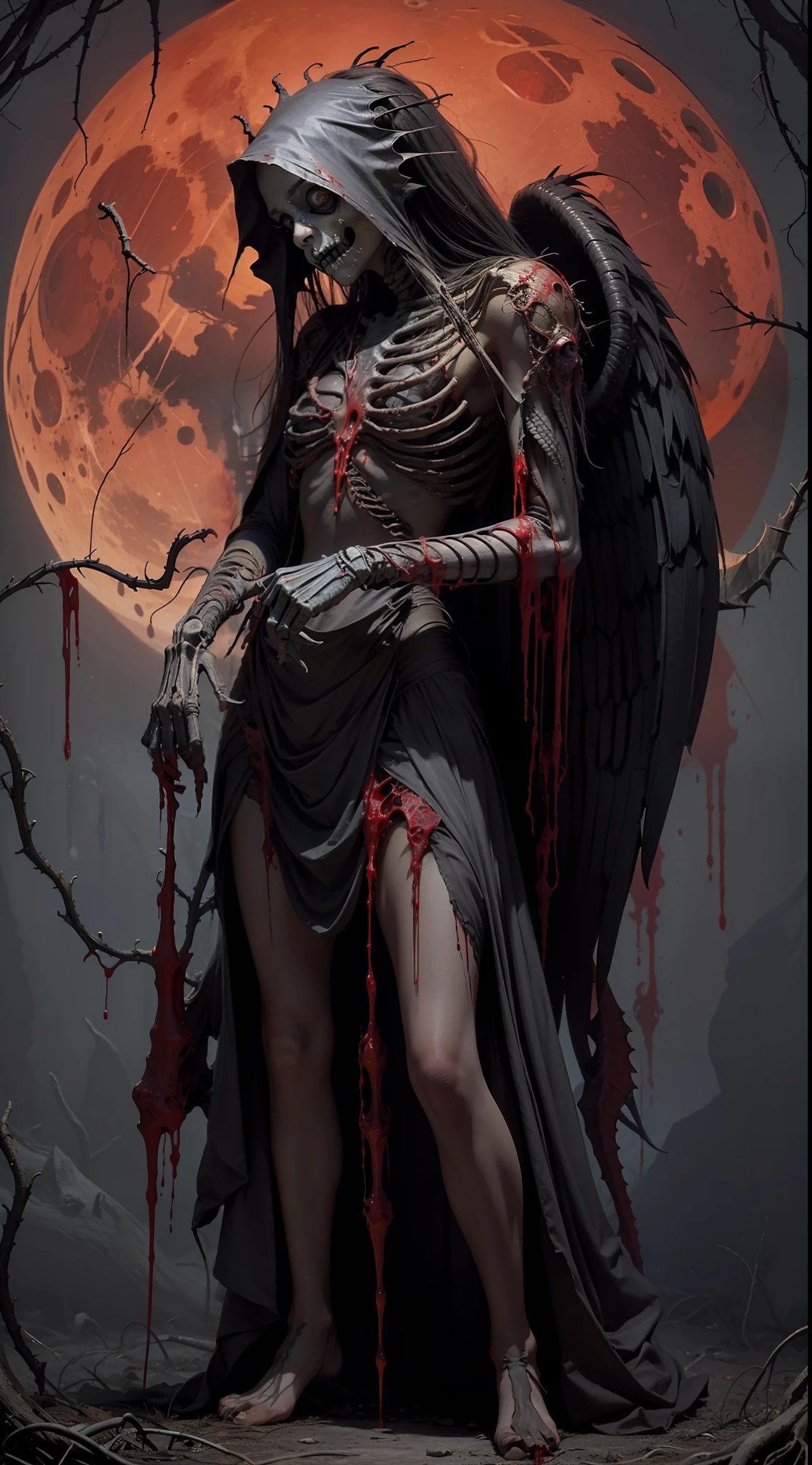 Fine matte painting, skeleton dark angel big wings haunted castle on drawing table full of knives, horror, spookiness, scary, secret horror, tentacles, vines, eyes, uncanny valley effect teeth, limbs, animals, blood moon