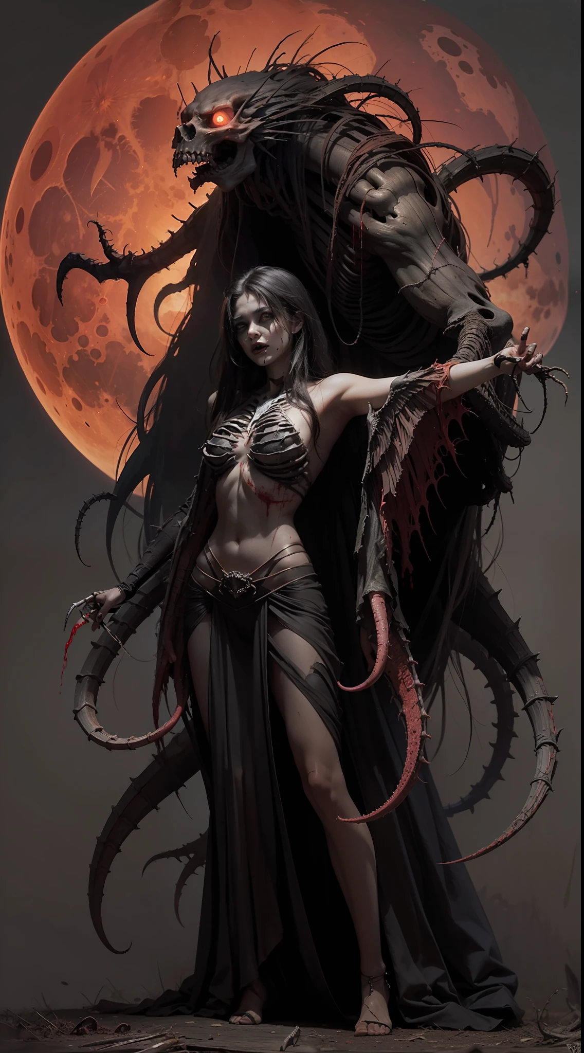 Fine matte painting, skeleton dark angel big wings haunted castle on drawing table full of knives, horror, spookiness, scary, secret horror, tentacles, vines, eyes, uncanny valley effect teeth, limbs, animals, blood moon