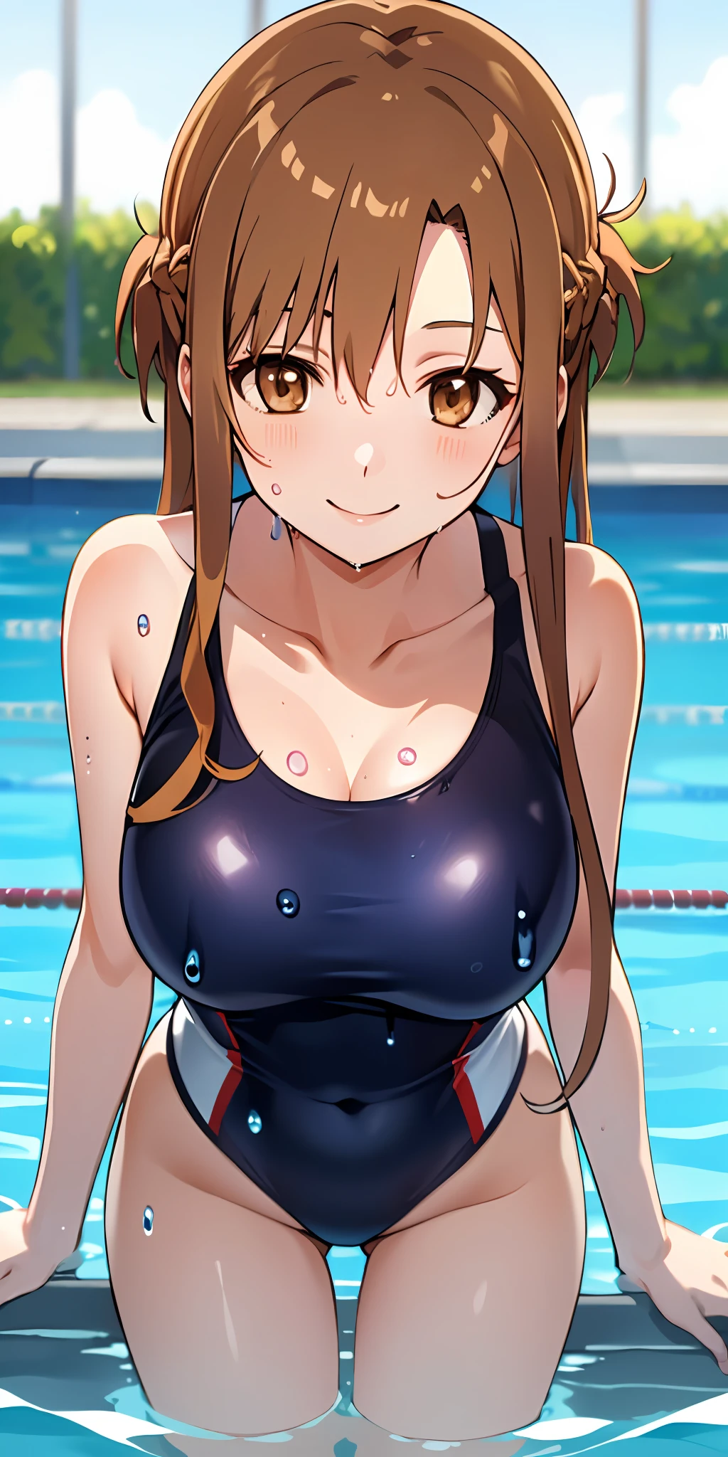 (Best quality:1.3), asuna yuuki, long hair, brown hair, (brown eyes:2), large breasts, one-piece swimsuit, smiling, swimming pool, (pov), (soaking wet:1.3)