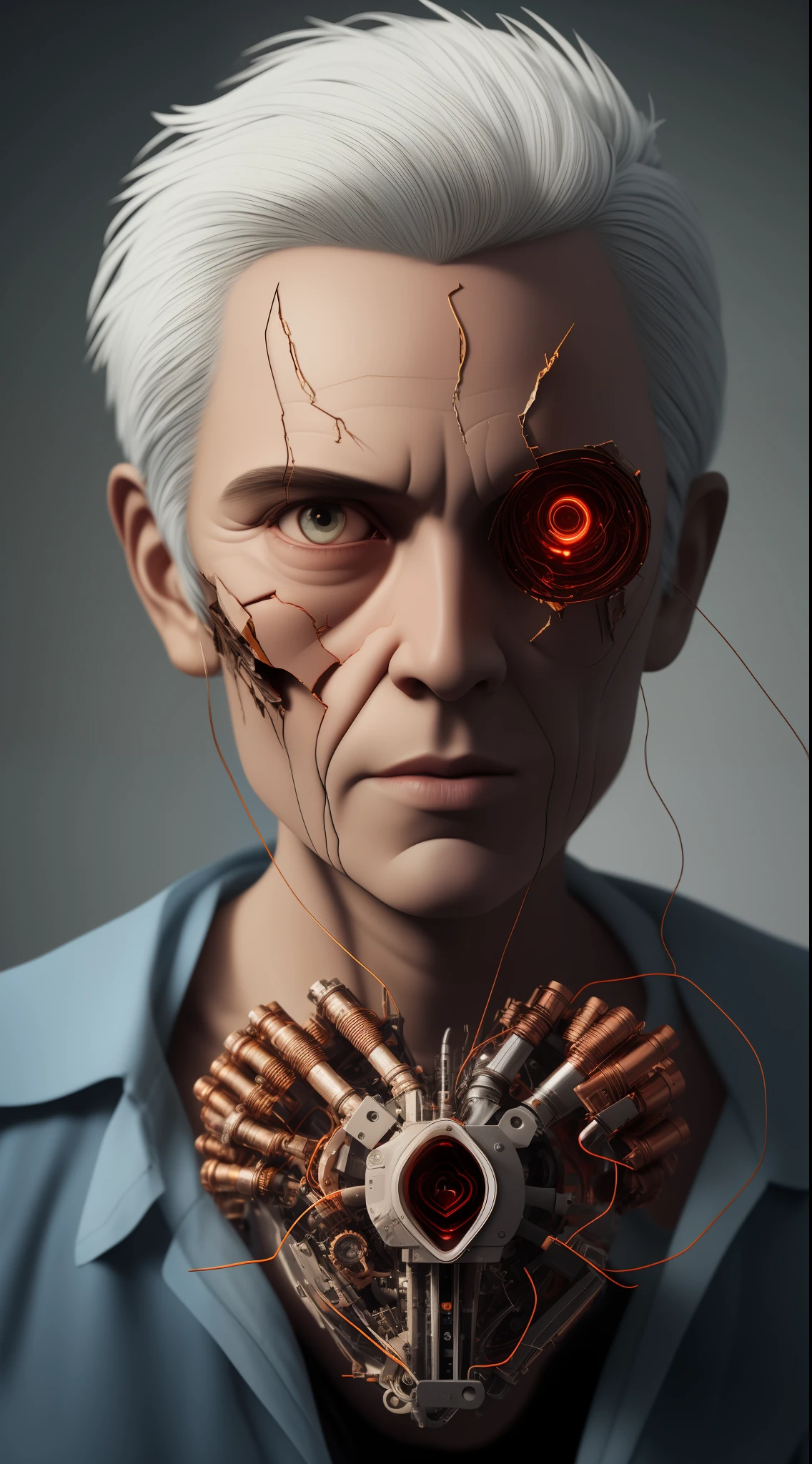 (dissection:1.3) of a (damaged:1.2) (machine:1.1) with white hair and beautiful detailed red eyes, she has a (mechanical (heart:1.1):1.1) and a (dirty face:1.2), with exposed wires and tubes, internal mechanical parts exposed from injury and short circuit, suffering heavy damage, being disassembled, natural light, light tracing, intricate circuitry, illustration, 8k wallpaper, super detailed, full body portrait,, Cinematic film still, high detail RAW color Photo, harsh lighting, cinematic lighting, contrast, textured skin, cold skin pores, hard light, gigapixel, 8k resolution, cinematic, octane render, unreal, high definition, 8k uhd, professional lighting, photon mapping, radiosity, physically-based rendering, perfect face, award-winning photography, ray tracing, intense gaze, cinematic lighting, masterpiece, best quality, intricate detail, absurdres