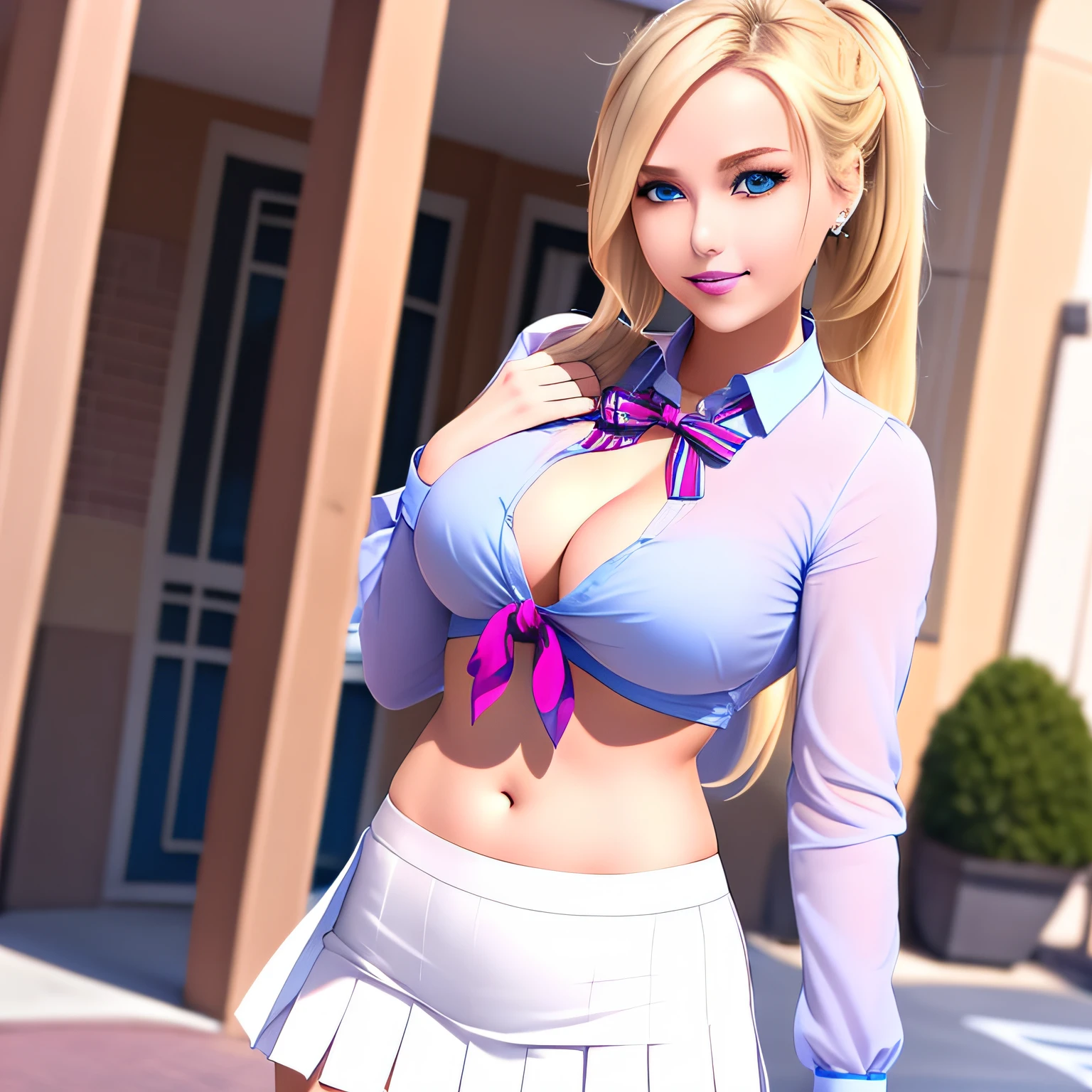 (masterpiece), (best quality), (1girl), 2solo focus, A beautiful blonde 24 year old college girl waves cheerfully across a street. She has long blonde hair tied in a high ponytail. She has blue eyes, eyeliner, and pale pink lipstick. She is wearing a slutty school girl uniform. Her shirt is white and tied off under her breasts, exposing her midriff. She is wearing a pleated white miniskirt that stops at her thighs. Photo shoot, HD, morning, college campus