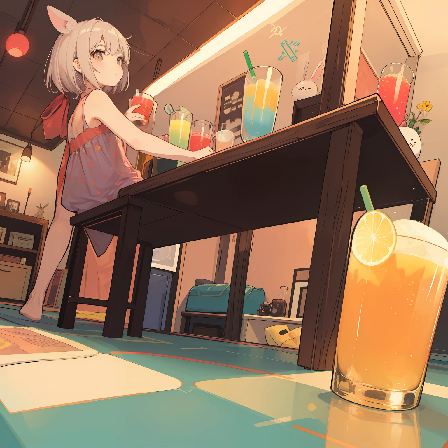 Rabbit-eared girl ((one high quality super fan)),
From the ground line, a glass of iced juice on a low table, a low angle shot,
bedroom, cute room,