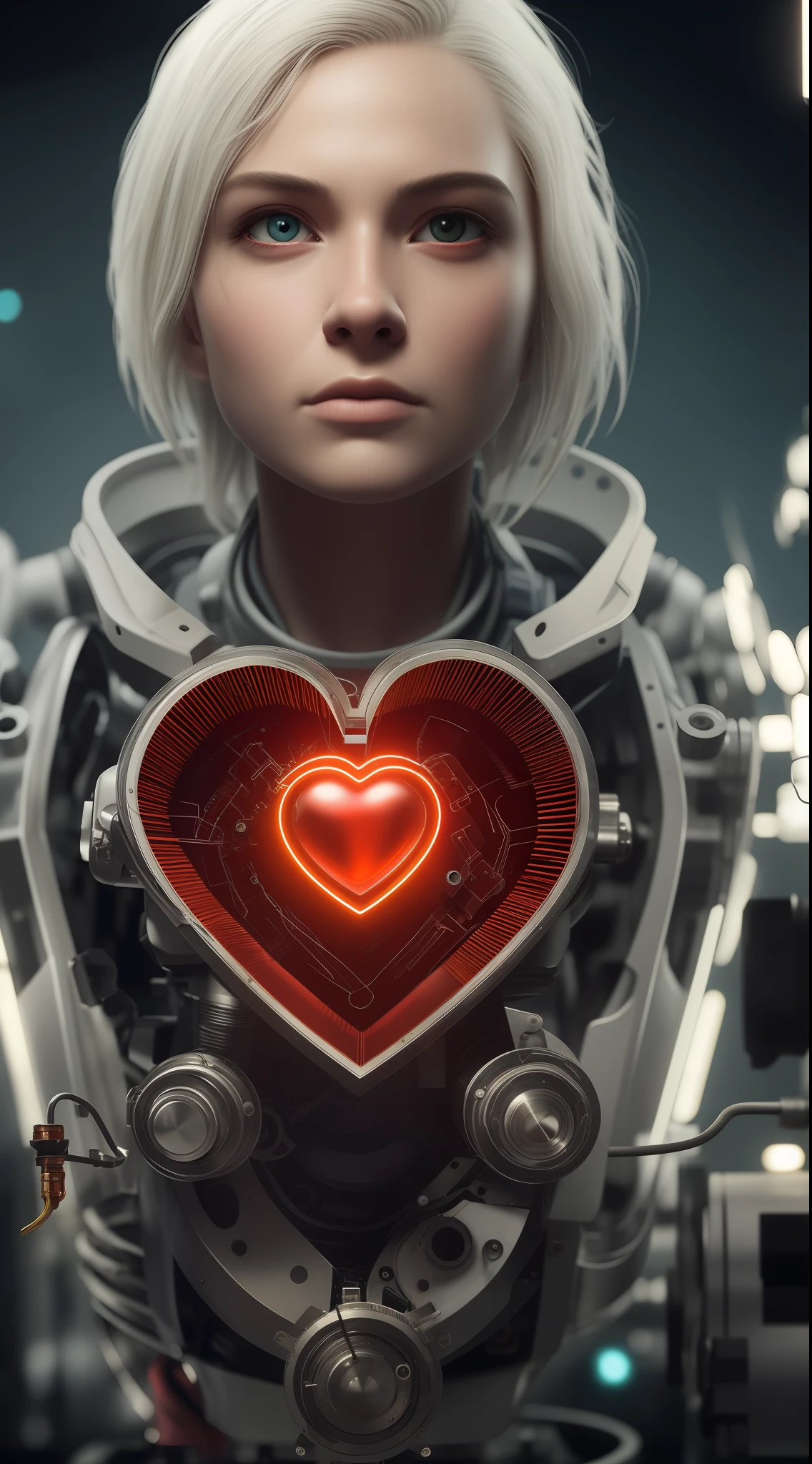 (dissection:1.3) of a (damaged:1.2) (machine:1.1) with white hair and beautiful detailed red eyes, she has a (mechanical (heart:1.1):1.1) and a (dirty face:1.2), with exposed wires and tubes, internal mechanical parts exposed from injury and short circuit, suffering heavy damage, being disassembled, natural light, light tracing, intricate circuitry, illustration, 8k wallpaper, super detailed, full body portrait,, Cinematic film still, high detail RAW color Photo, harsh lighting, cinematic lighting, contrast, textured skin, cold skin pores, hard light, gigapixel, 8k resolution, cinematic, octane render, unreal, high definition, 8k uhd, professional lighting, photon mapping, radiosity, physically-based rendering, perfect face, award-winning photography, ray tracing, intense gaze, cinematic lighting, masterpiece, best quality, intricate detail, absurdres