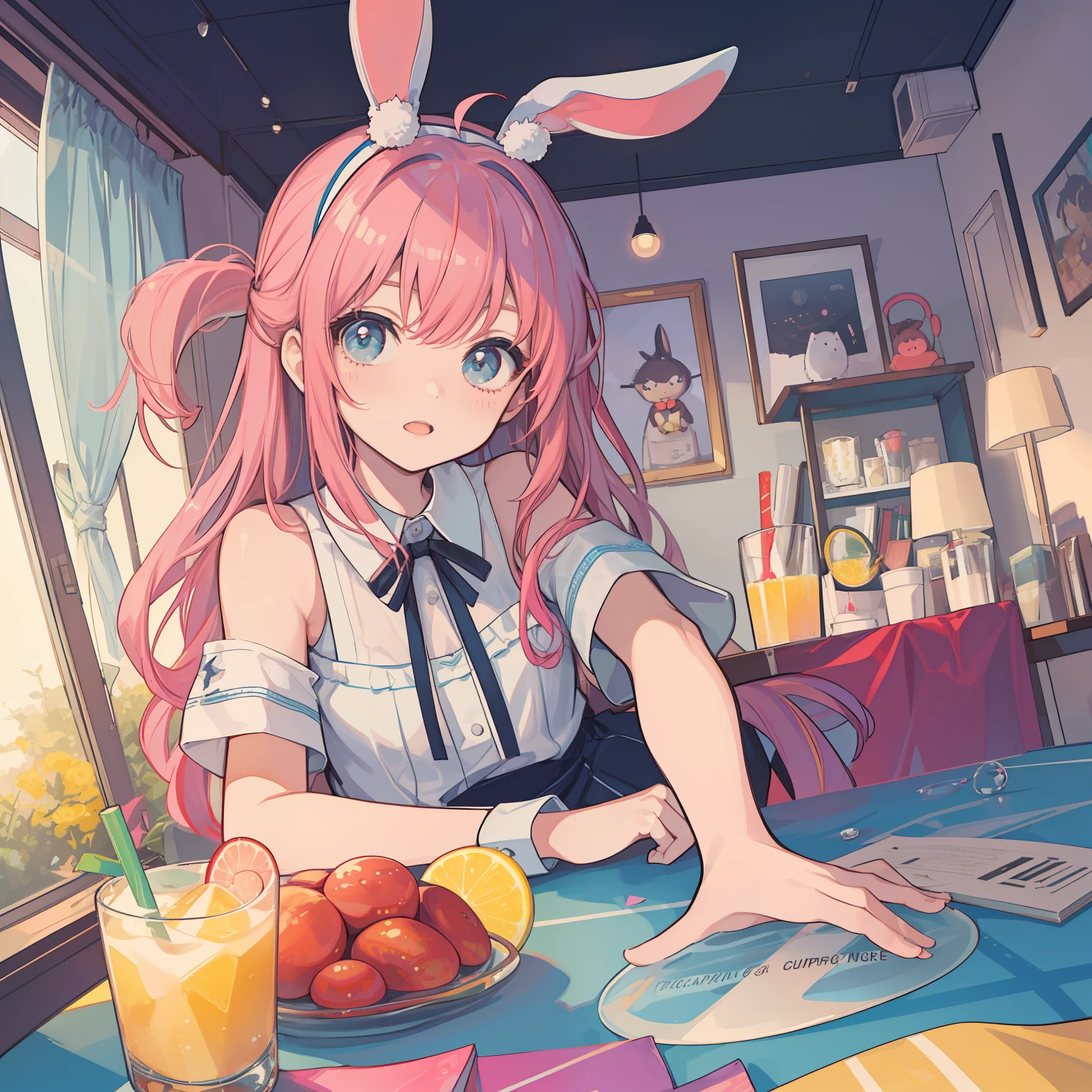 Anime girl with pink hair and ears sitting at a table with fruit ...